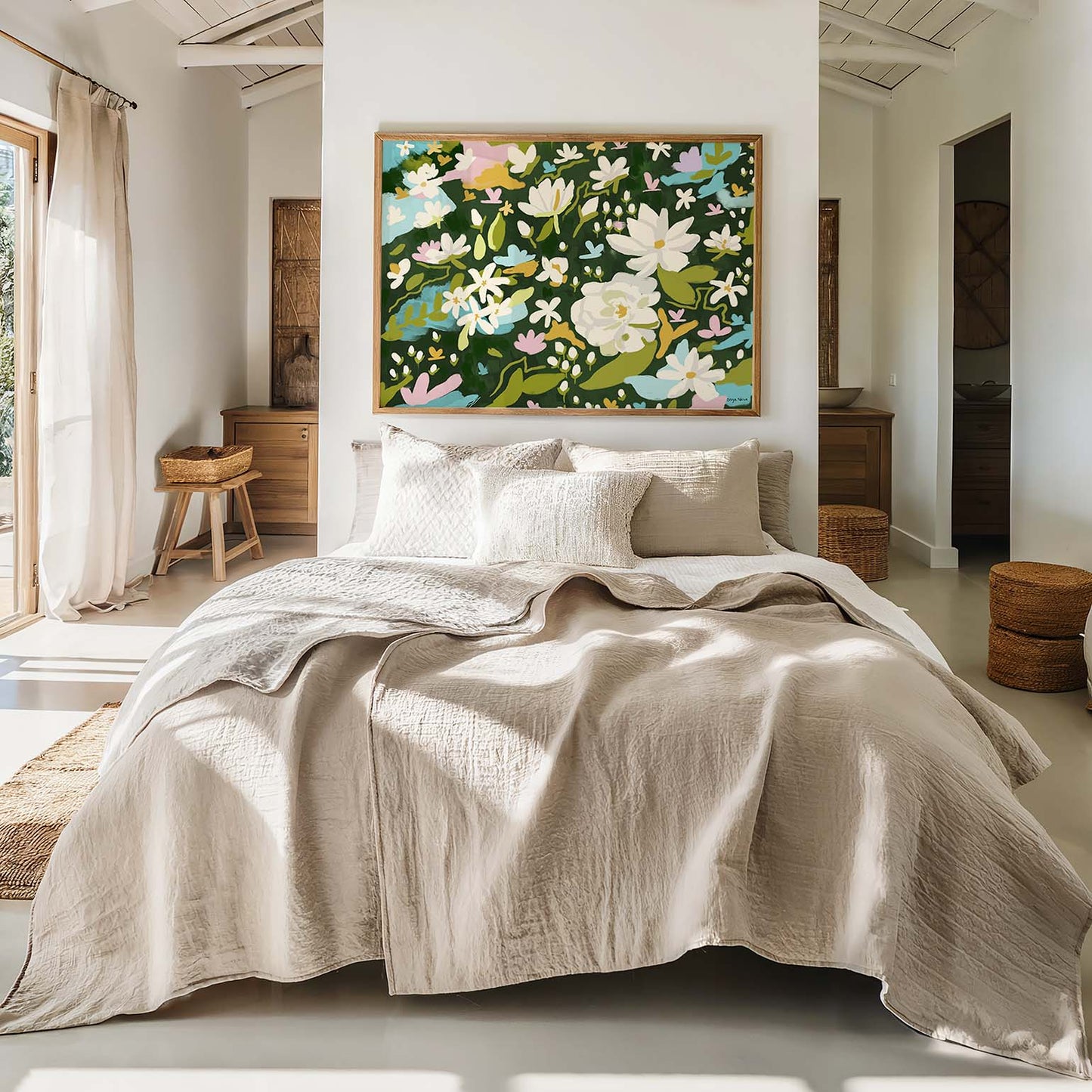 Botanical jasmine artwork capturing delicate flowers and lush green foliage