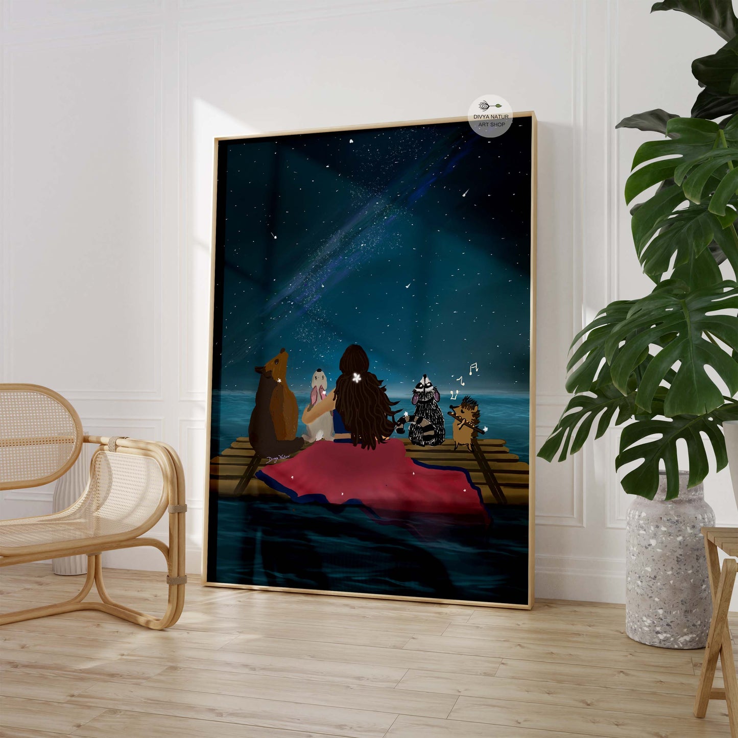 Celestial night art: woman and animals enjoying the stars on a wooden raft.