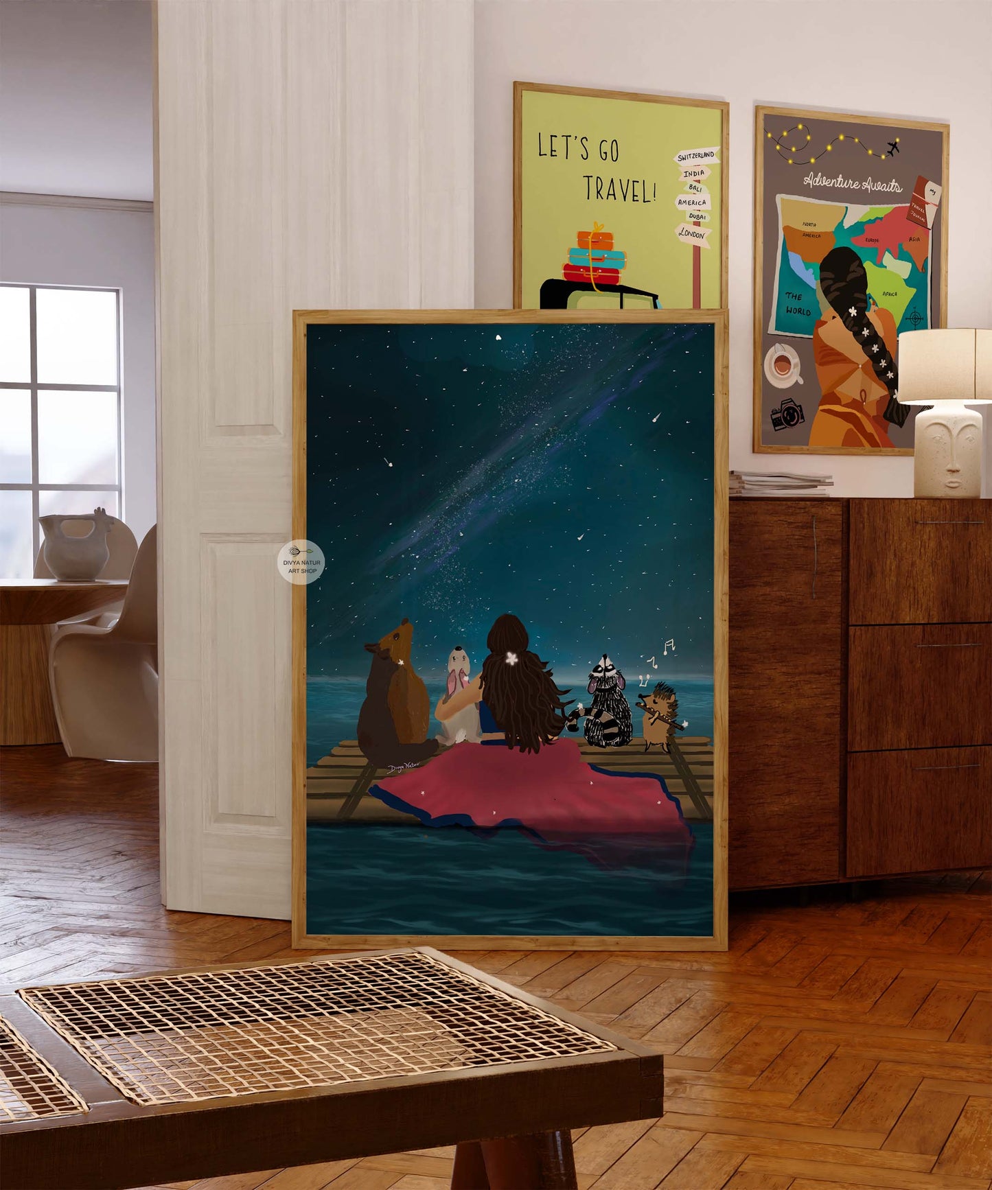 Serene painting of a starry sky with woodland animals and a woman under the galaxy
