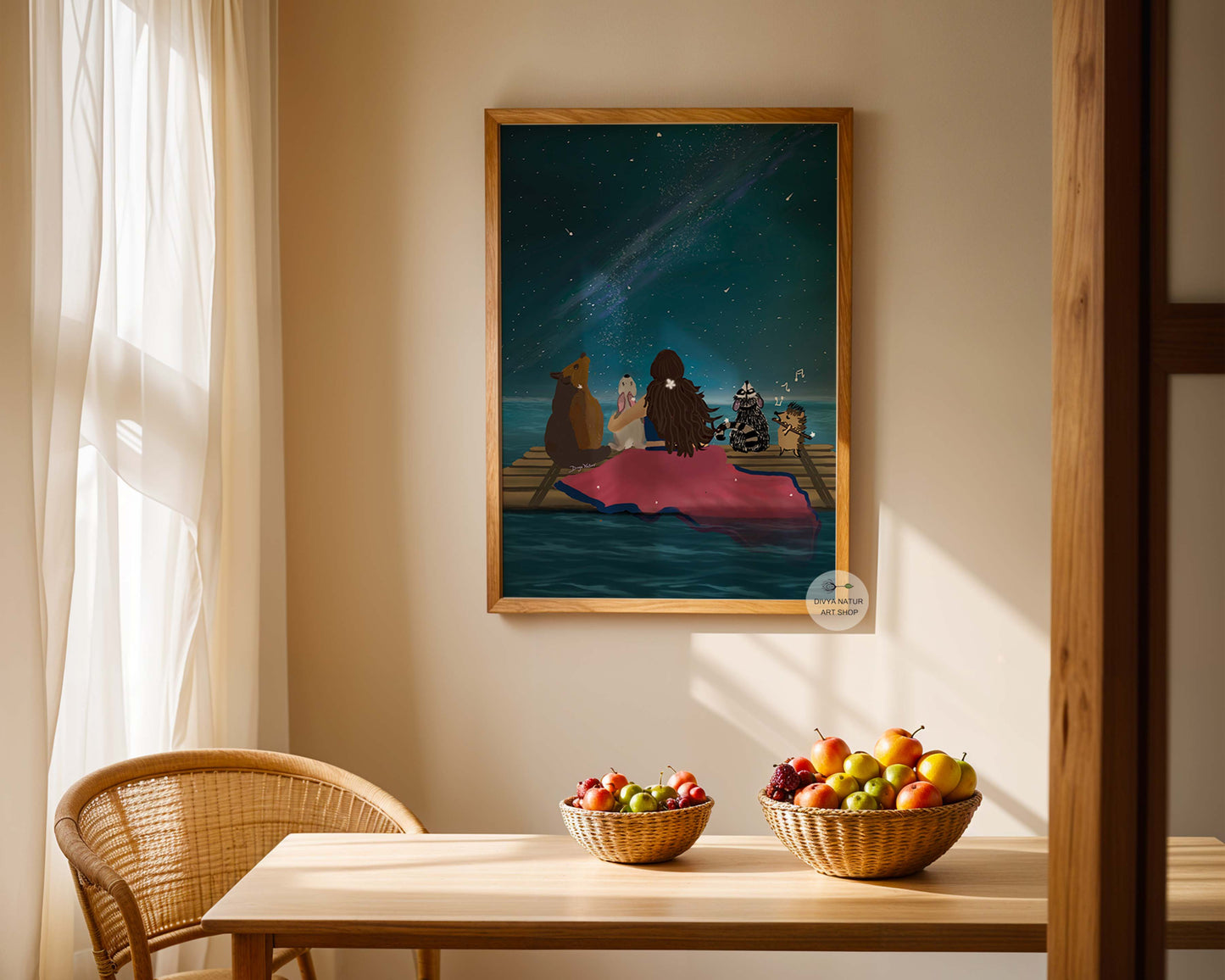 Fantasy nightscape featuring a woman, bear, rabbit, raccoon, and hedgehog on water