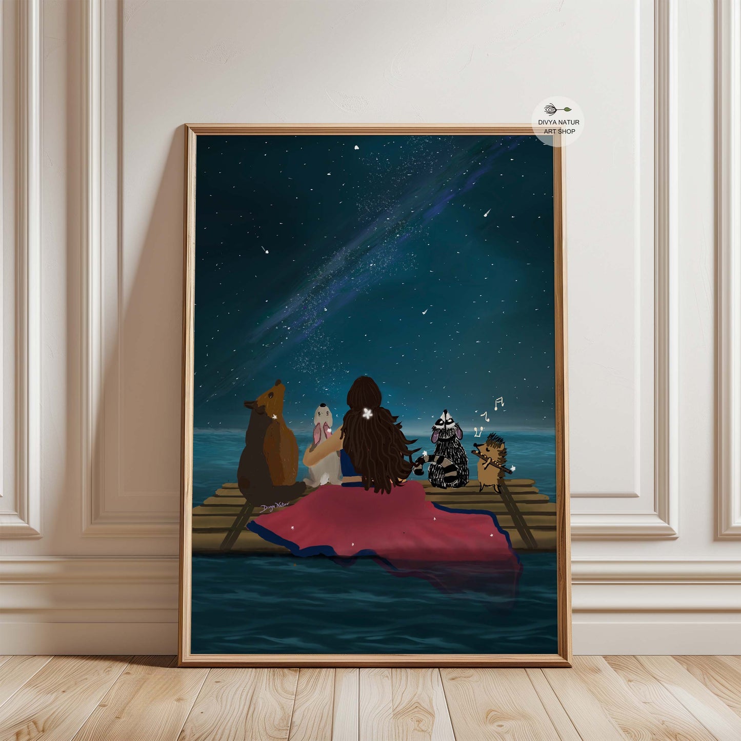 Digital artwork of a woman stargazing with animals on a calm, moonlit raft