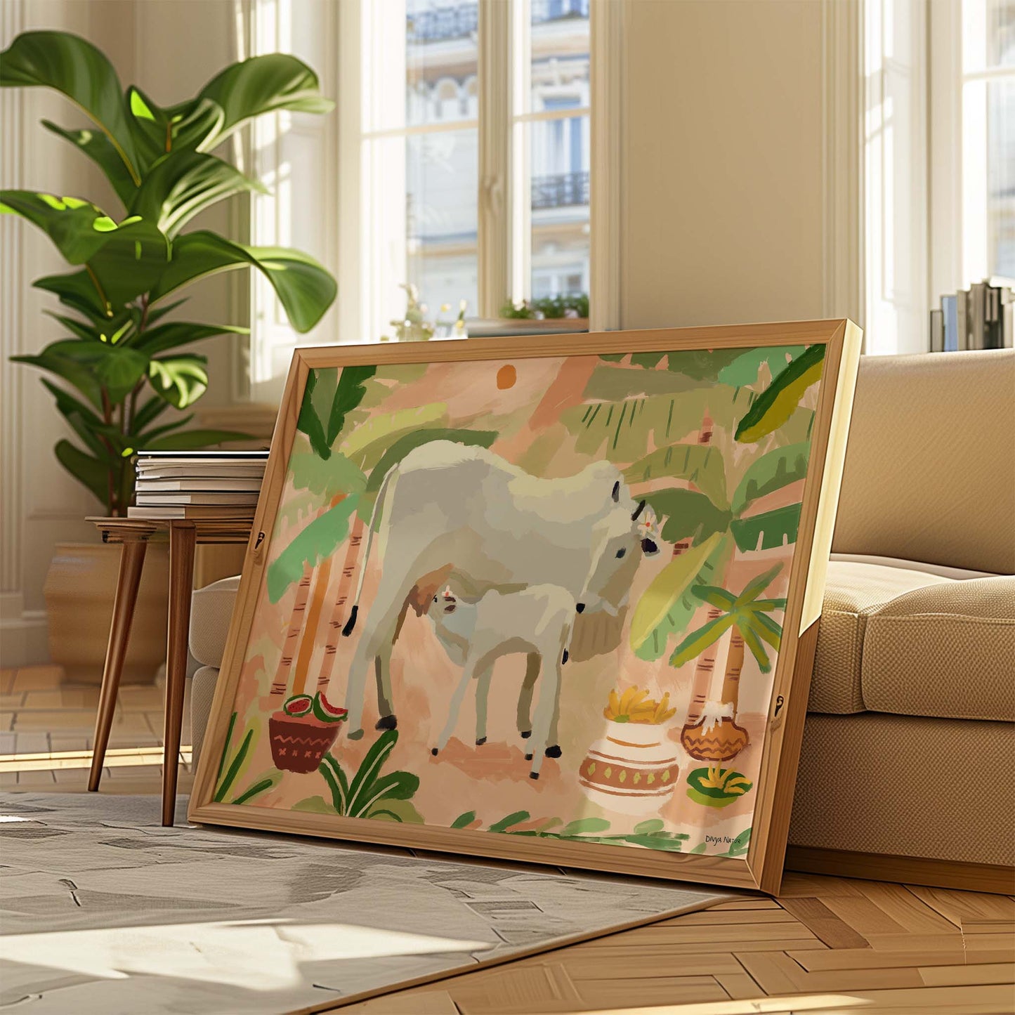 Indian Cow and Calf artwork placed in a home
