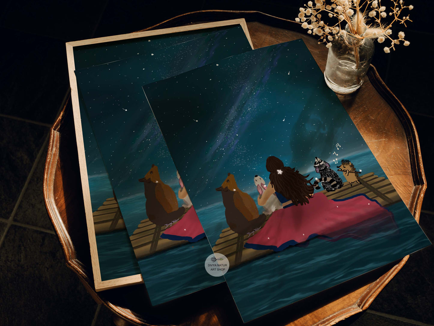 Magical Milky Way scene with a woman and her animal companions on a raft.