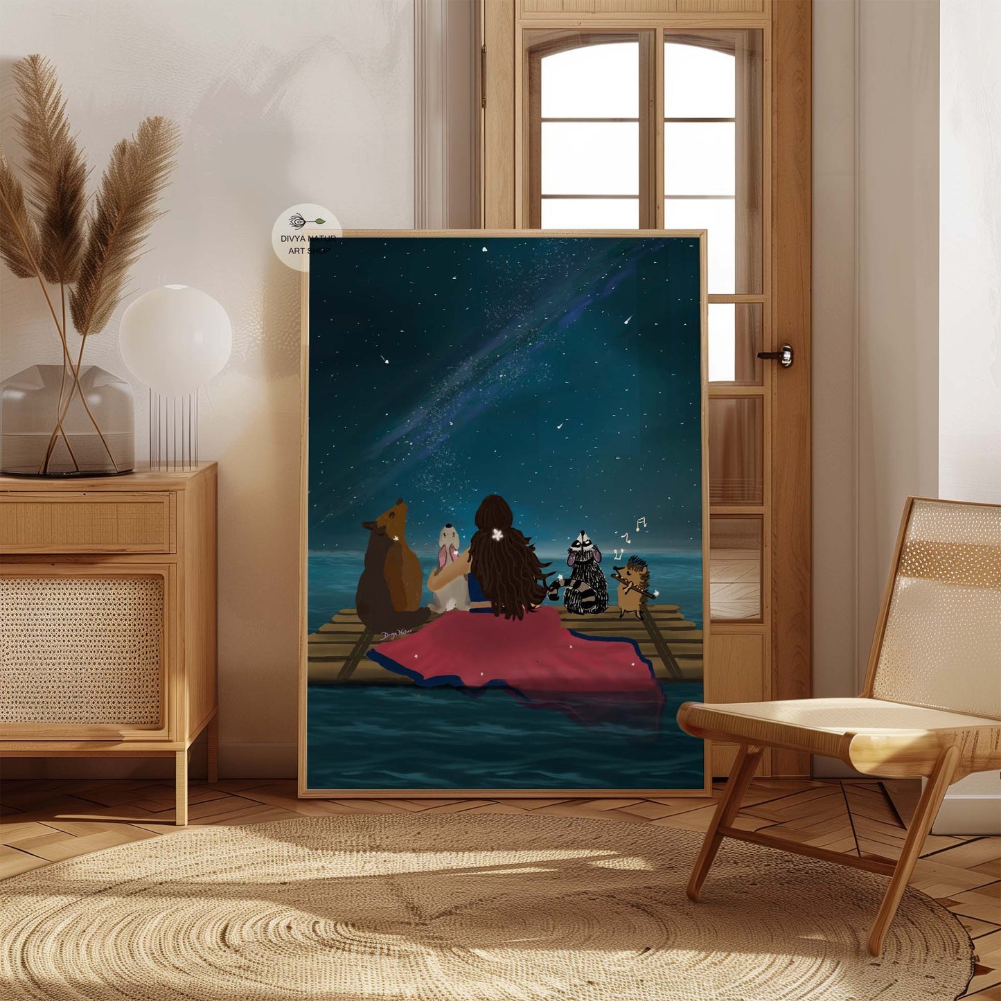 Woman on a raft in a whimsical night setting with a bear, rabbit, raccoon, and hedgehog