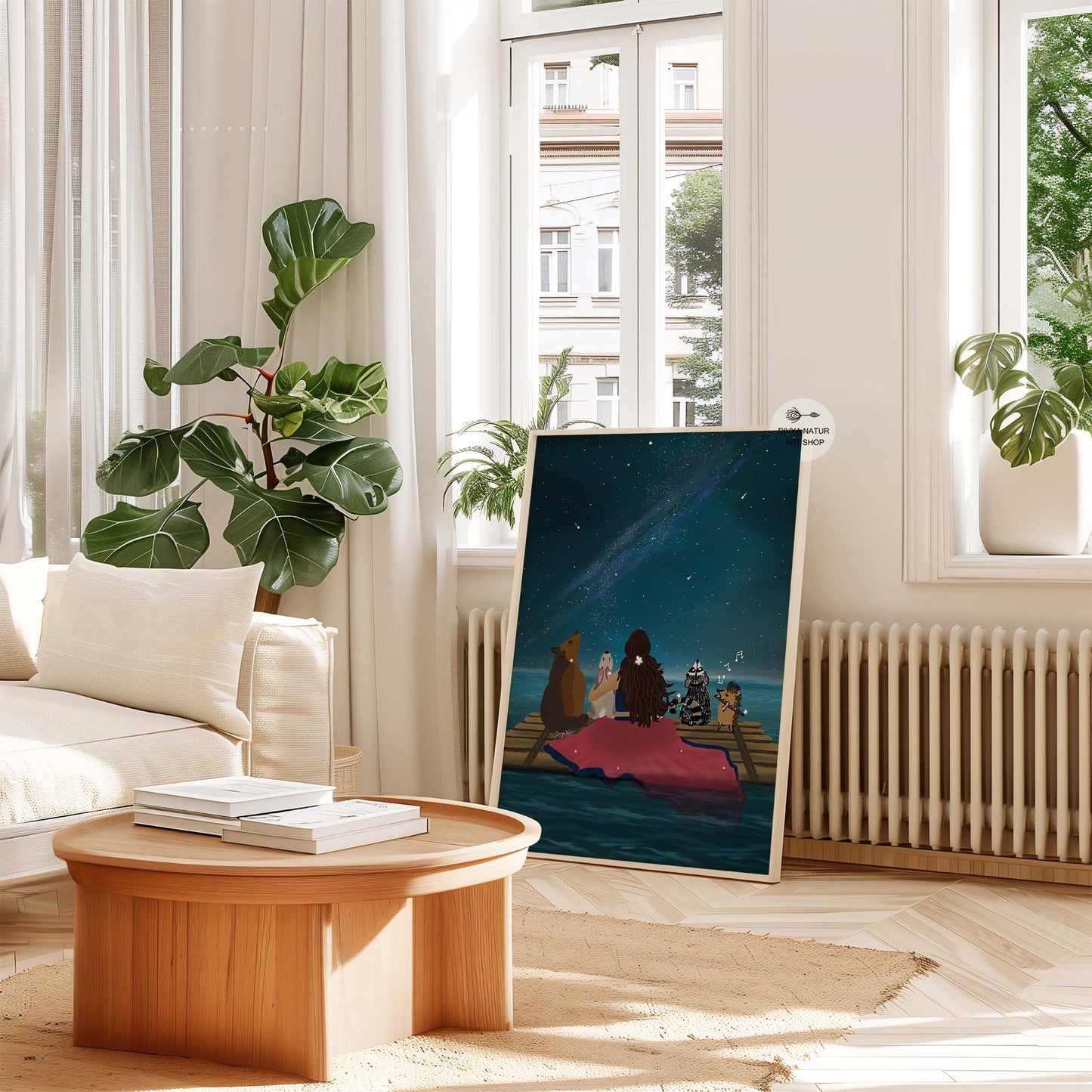 Peaceful starry night digital painting: a raft on water with animals and a Milky Way view.