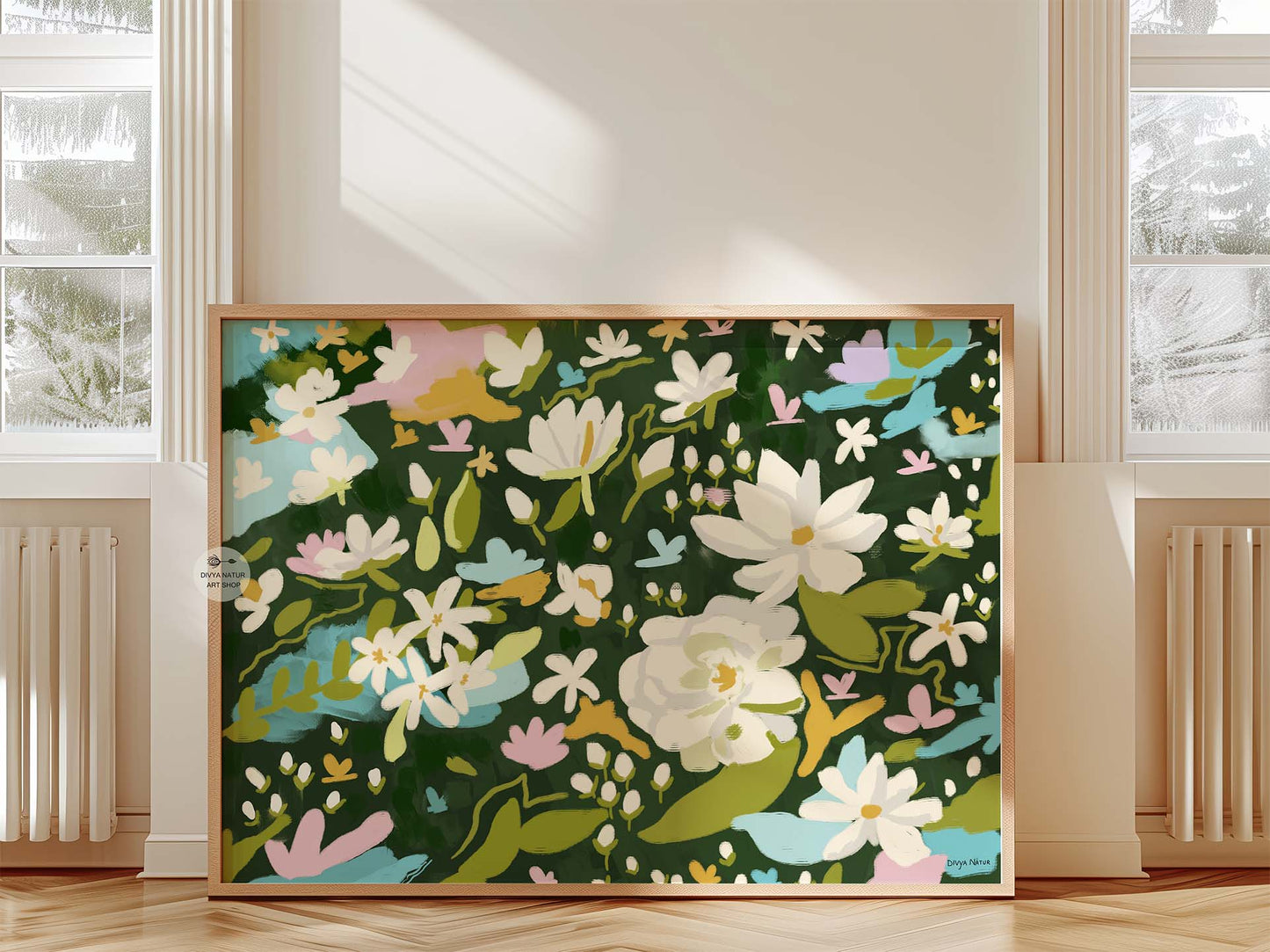 Botanical wall art of jasmine blooms ideal for meditation or yoga spaces