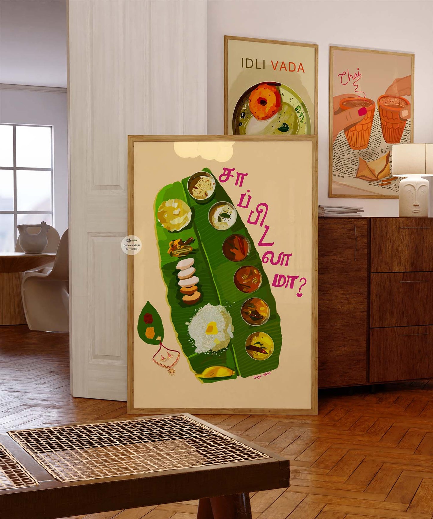 Indian food wall art featuring sambar, rasam, papad, and payasam