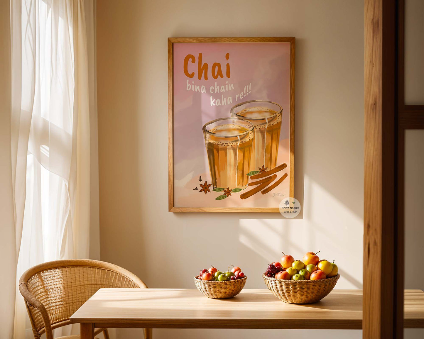 Fun chai lover poster with Indian tea glasses and spices like cinnamon and star anise.