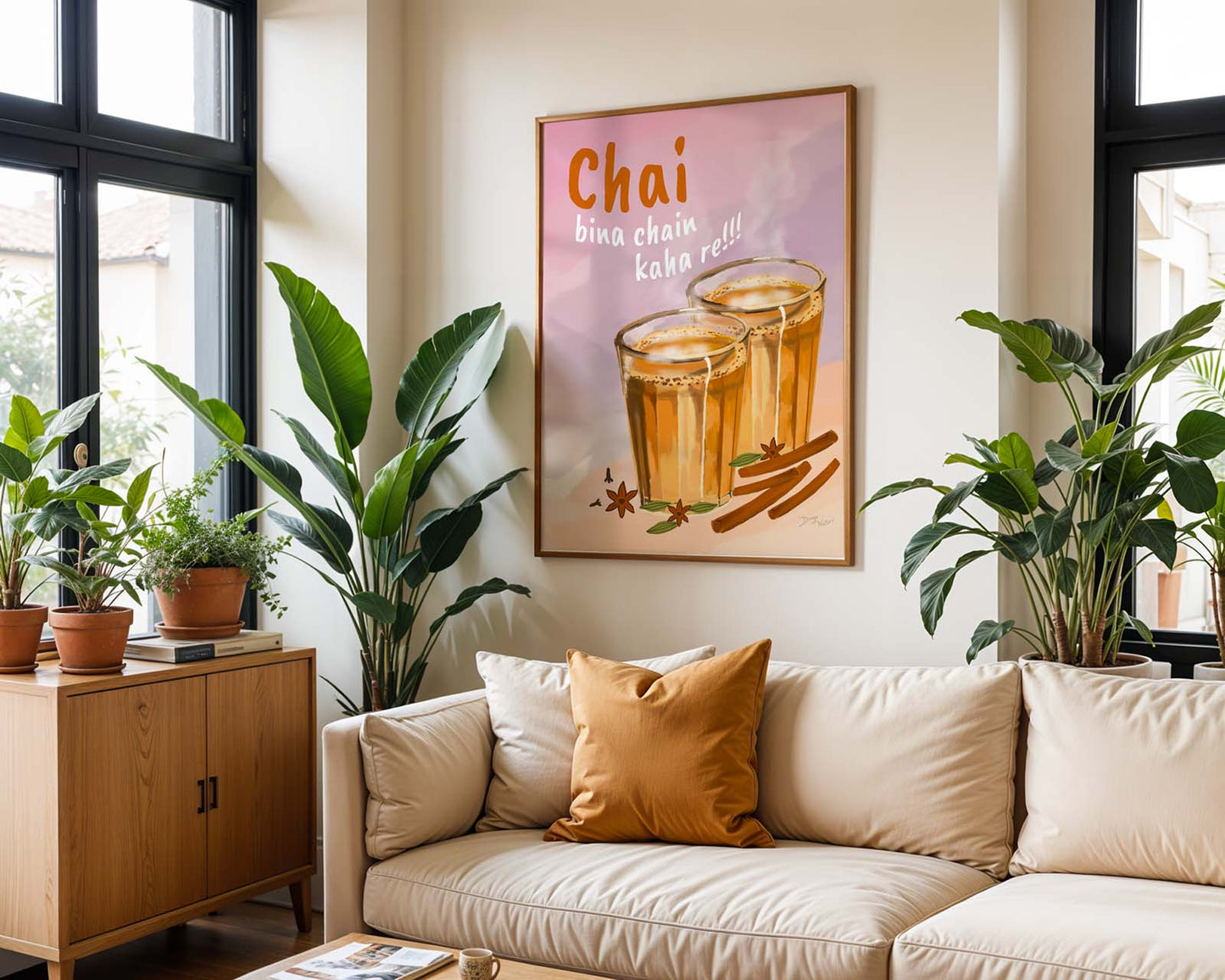 Digital chai print with desi quote perfect for kitchen or café wall décor.