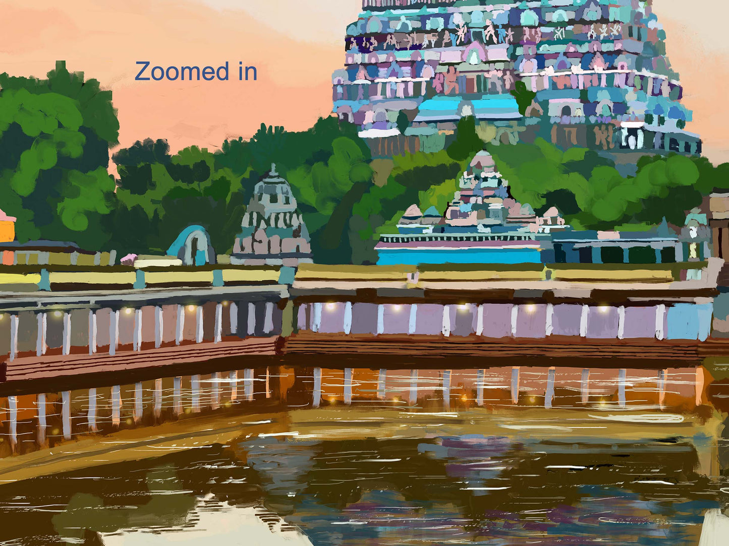 Peaceful temple painting showing Dravidian gopuram and warm evening colors