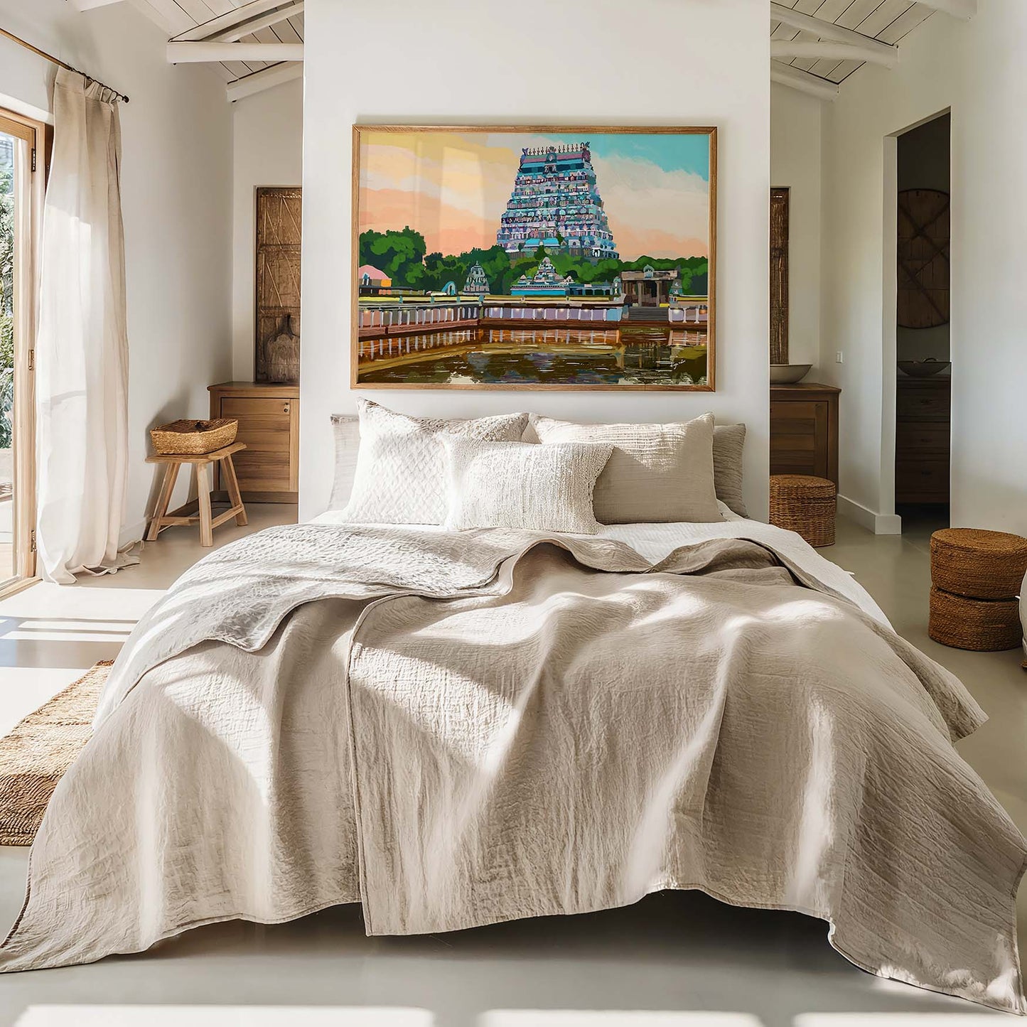 Serene sunset temple wall decor with soft coral sky and tranquil reflections