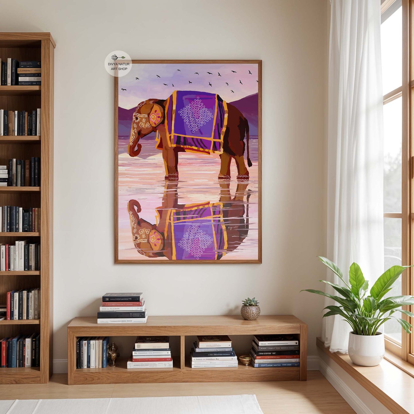 Elephant reflection in water sunset art print