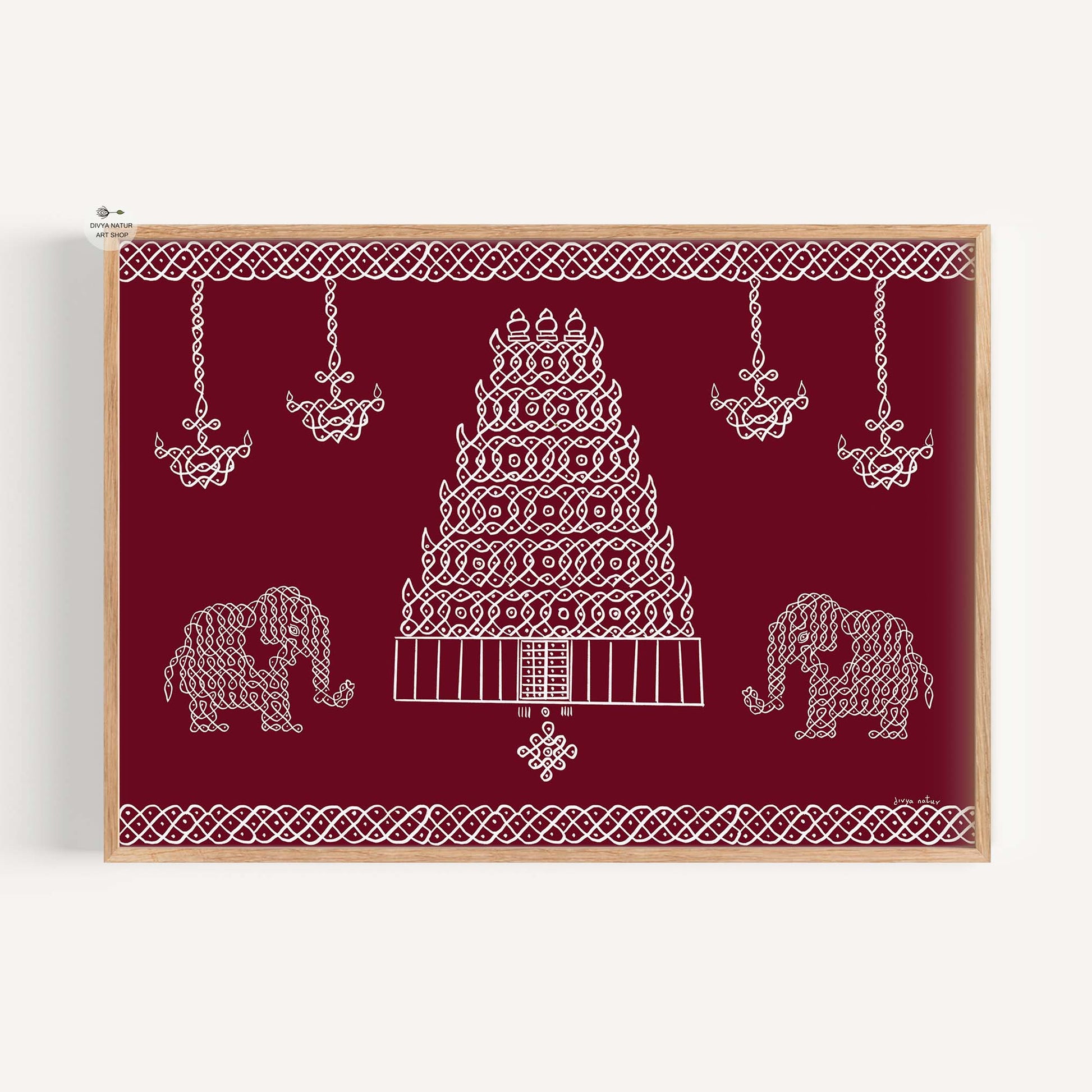 Kolam temple fine art print with elephants and gopuram in South Indian heritage style