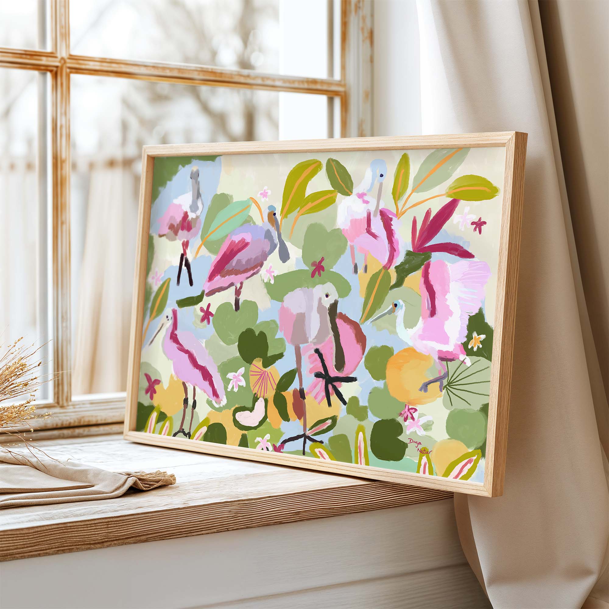 Whimsical flamingos in a tropical garden, archival print for bright and cheerful interiors