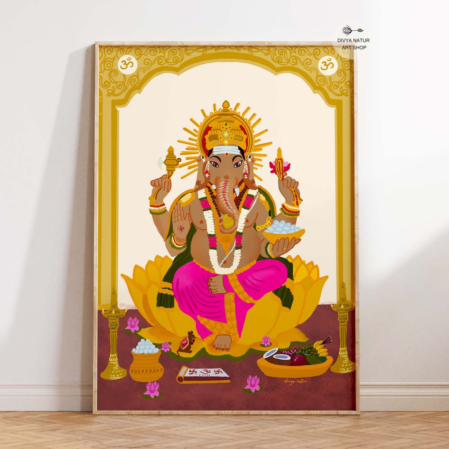 Lord Ganesha art print seated on lotus symbolizing wisdom and prosperity