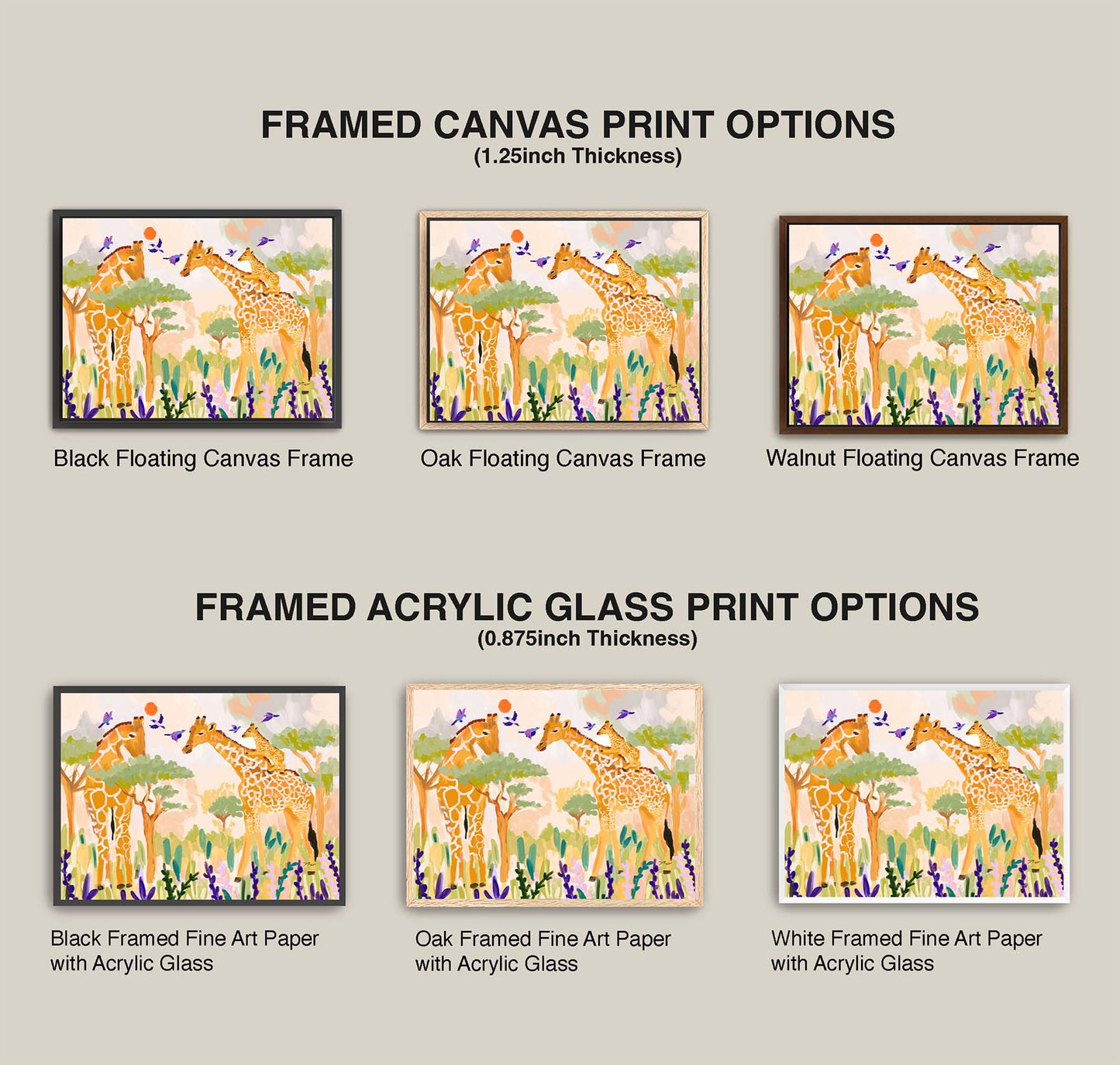 Comparison of framed canvas and acrylic glass print options with giraffe illustrations.
