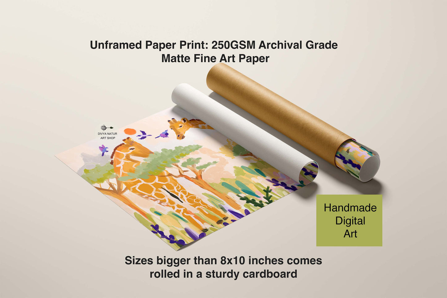Unframed paper print with a giraffe illustration and a cardboard roll on a beige background.