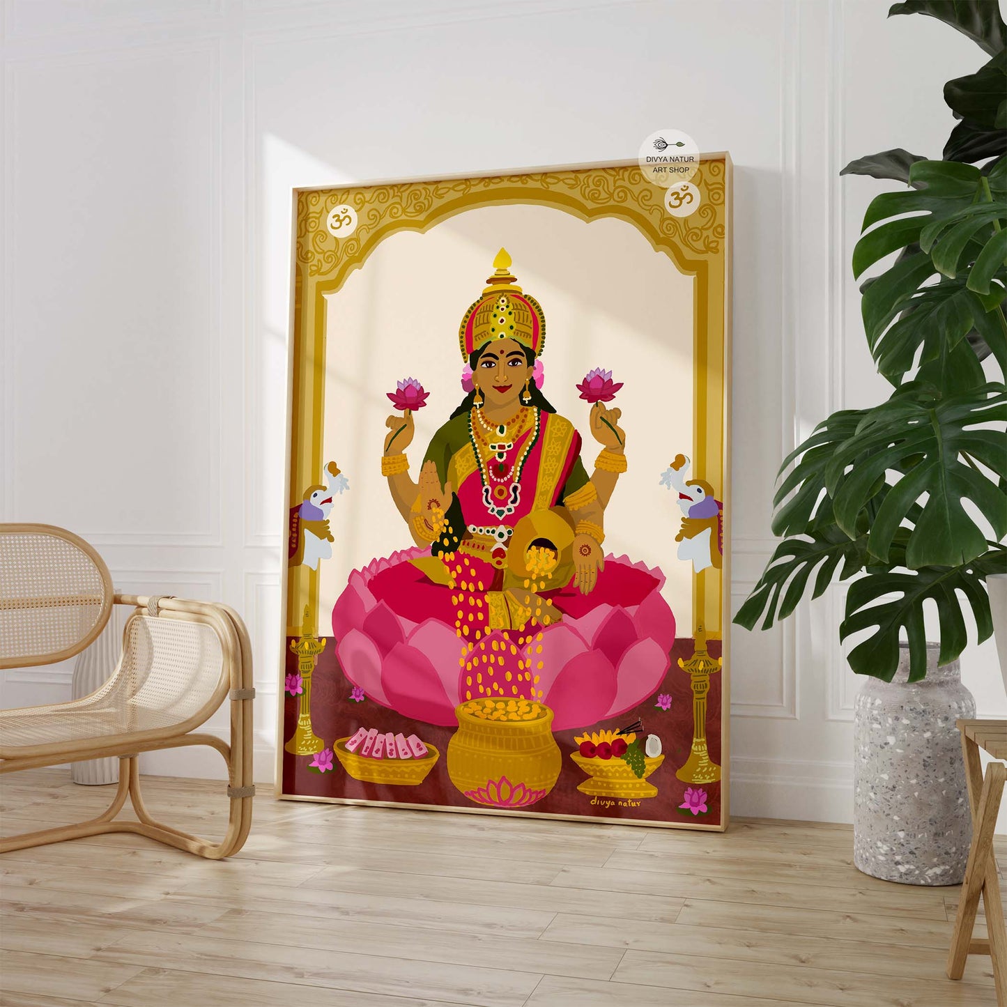 Lakshmi Devi wall art featuring diyas, elephants, and temple-inspired details