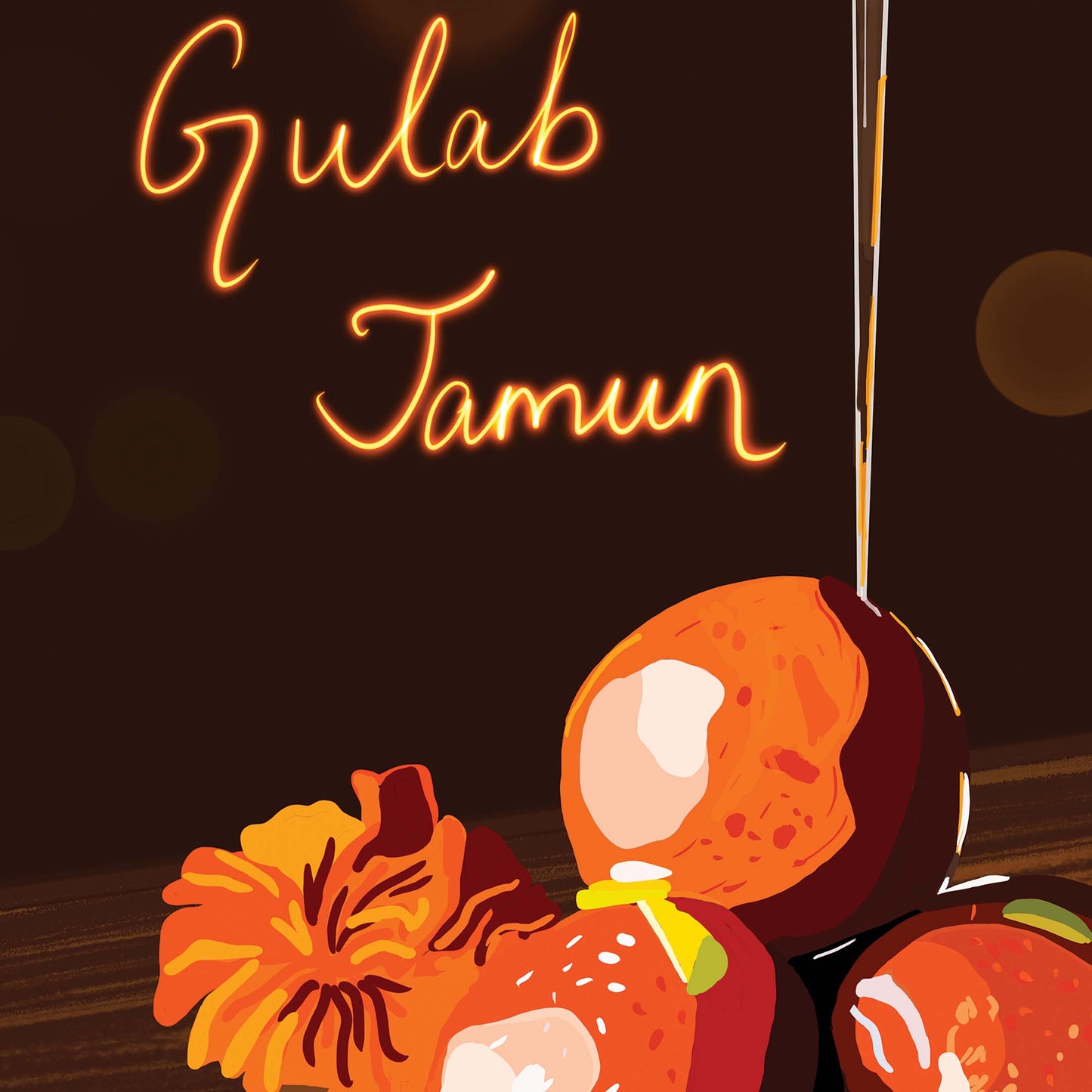 Neon sign with 'Gulab Jamun' text and illustrations of gulab jamun on a dark background