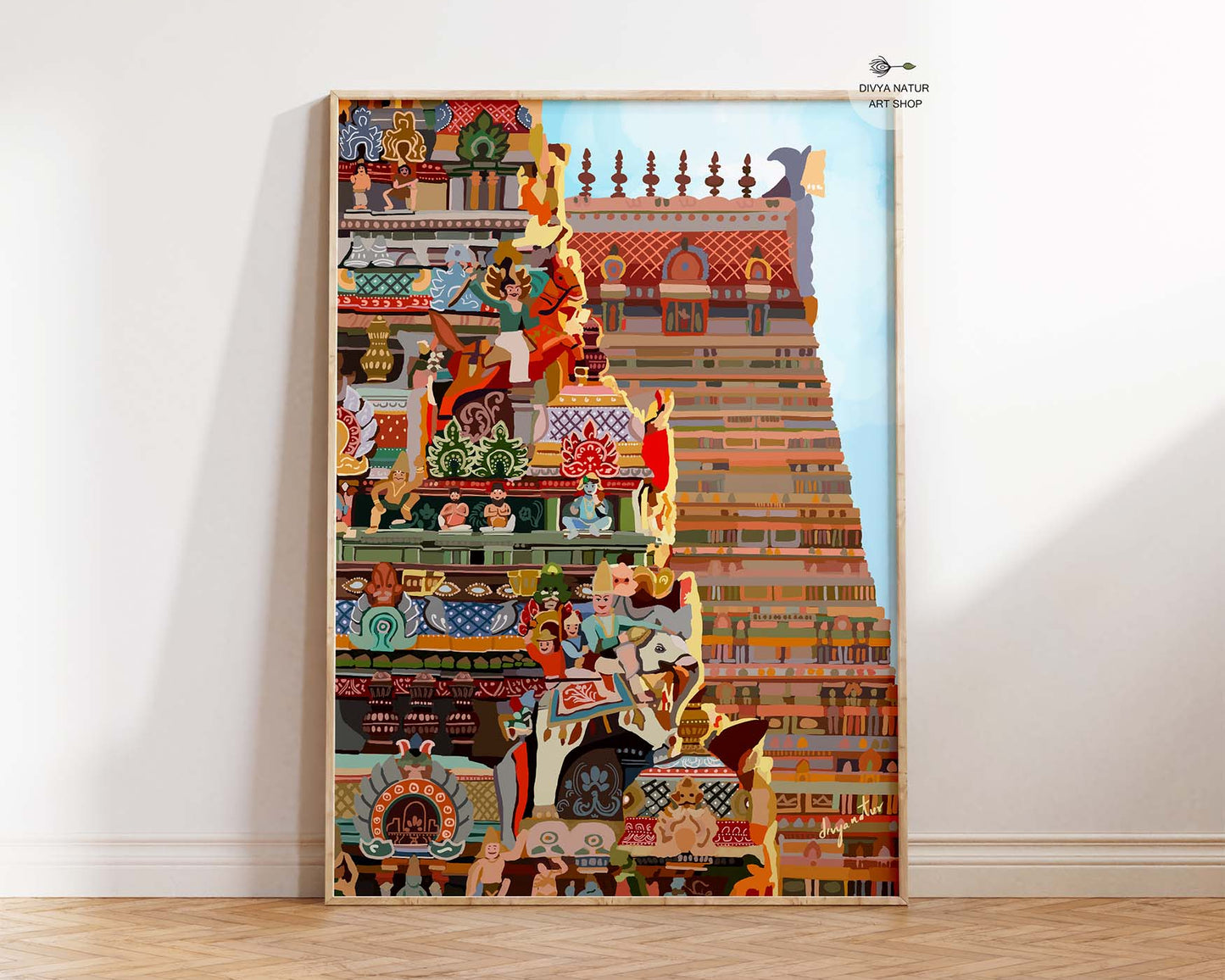 Hand-drawn illustration of Srirangam Temple tower in traditional vibrant tones