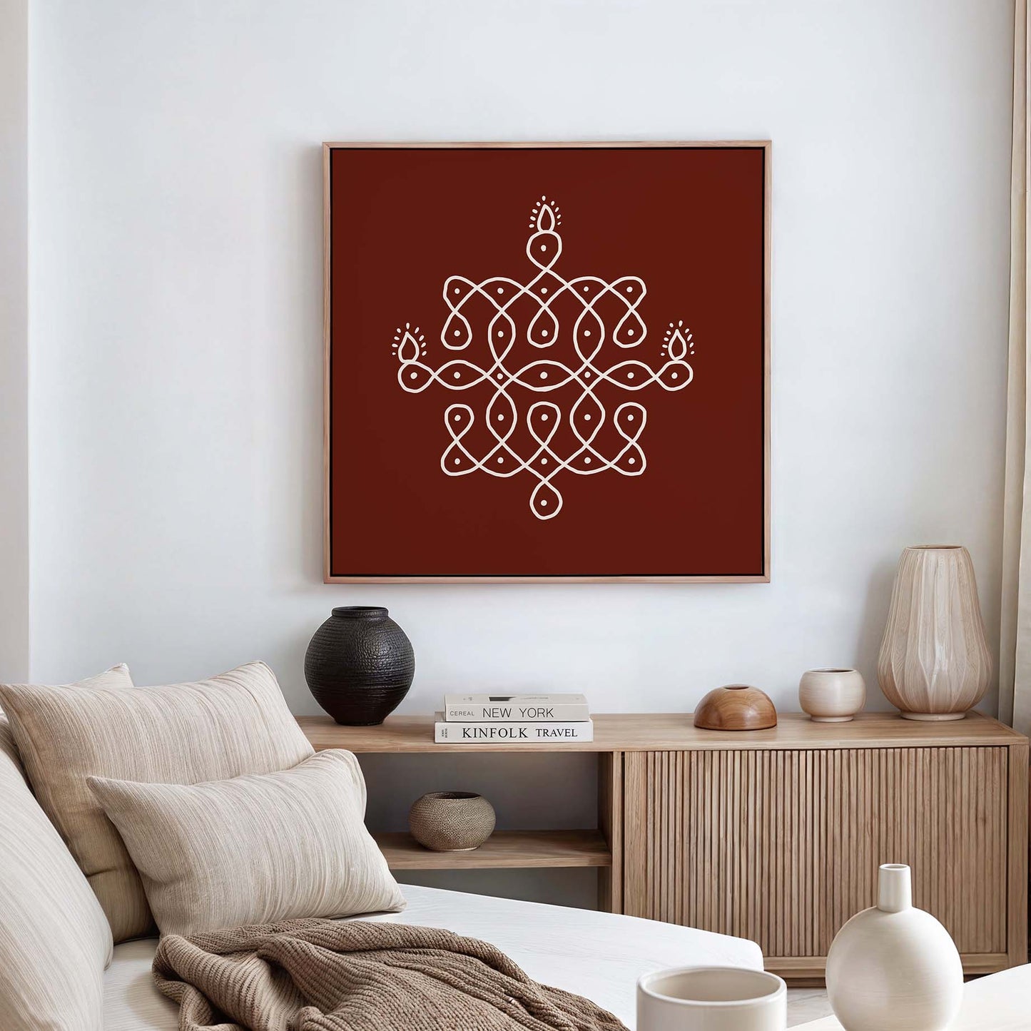 Indian kolam rangoli print in oak frame styled as cultural geometric wall art