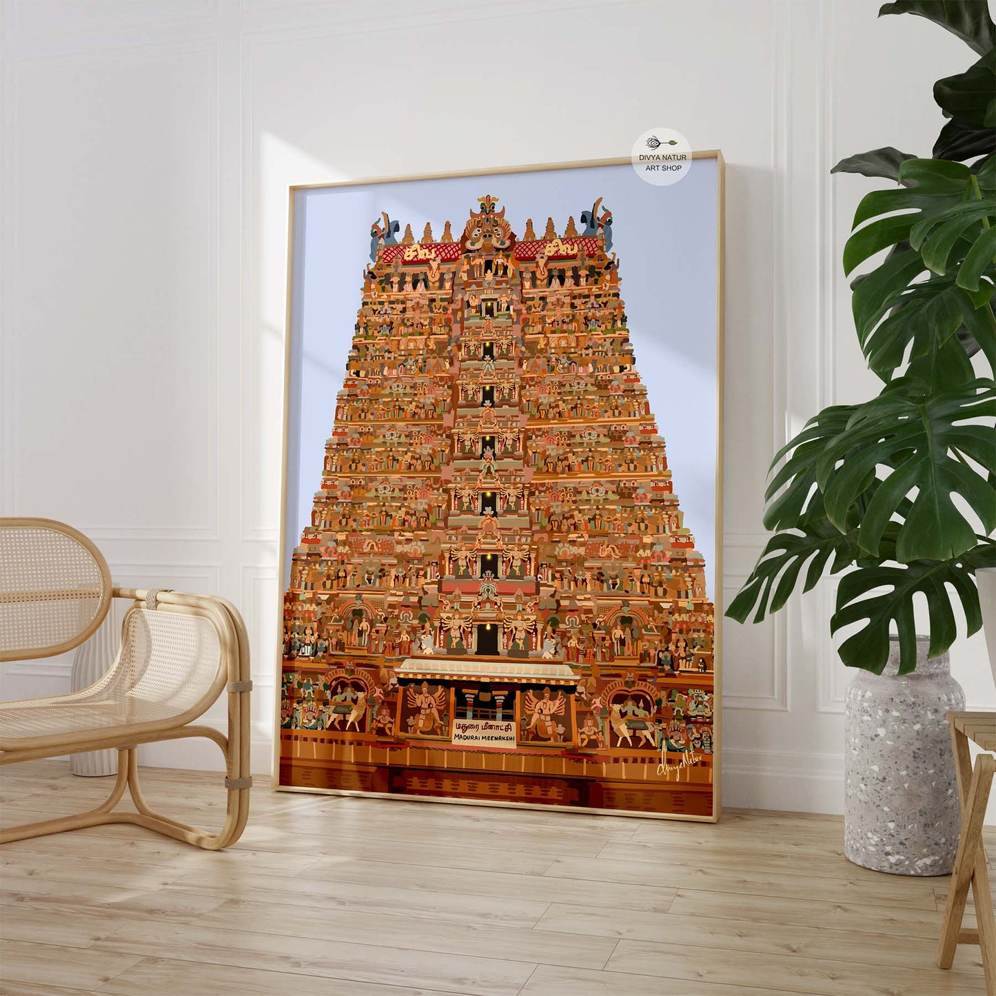 South Indian temple tower illustration showcasing Madurai Meenakshi Amman gopuram