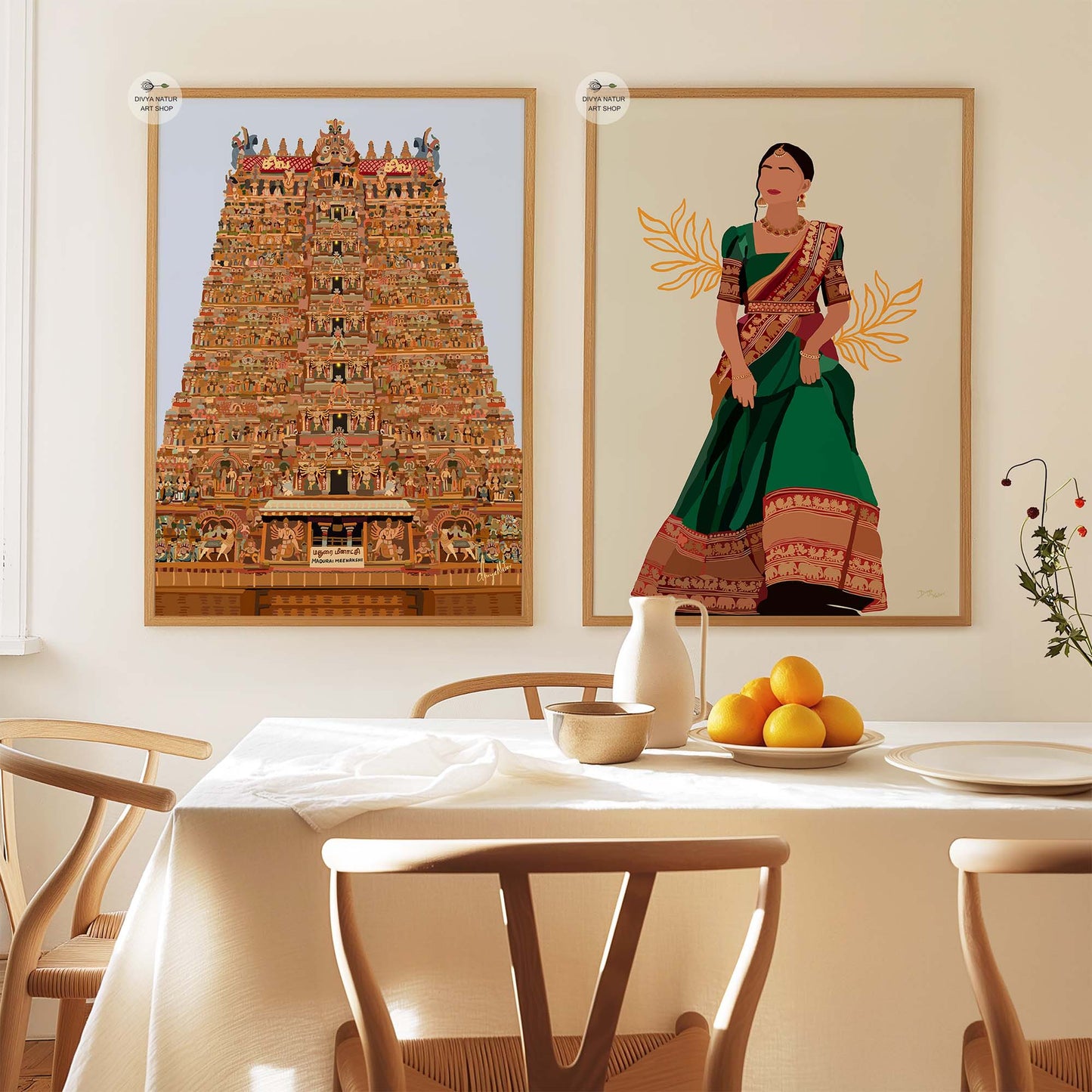 Hand-drawn gopuram artwork of Madurai Meenakshi Temple in vibrant colors