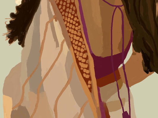 Illustration of a person wearing a purple Saree Blouse with a textured pattern on a beige background