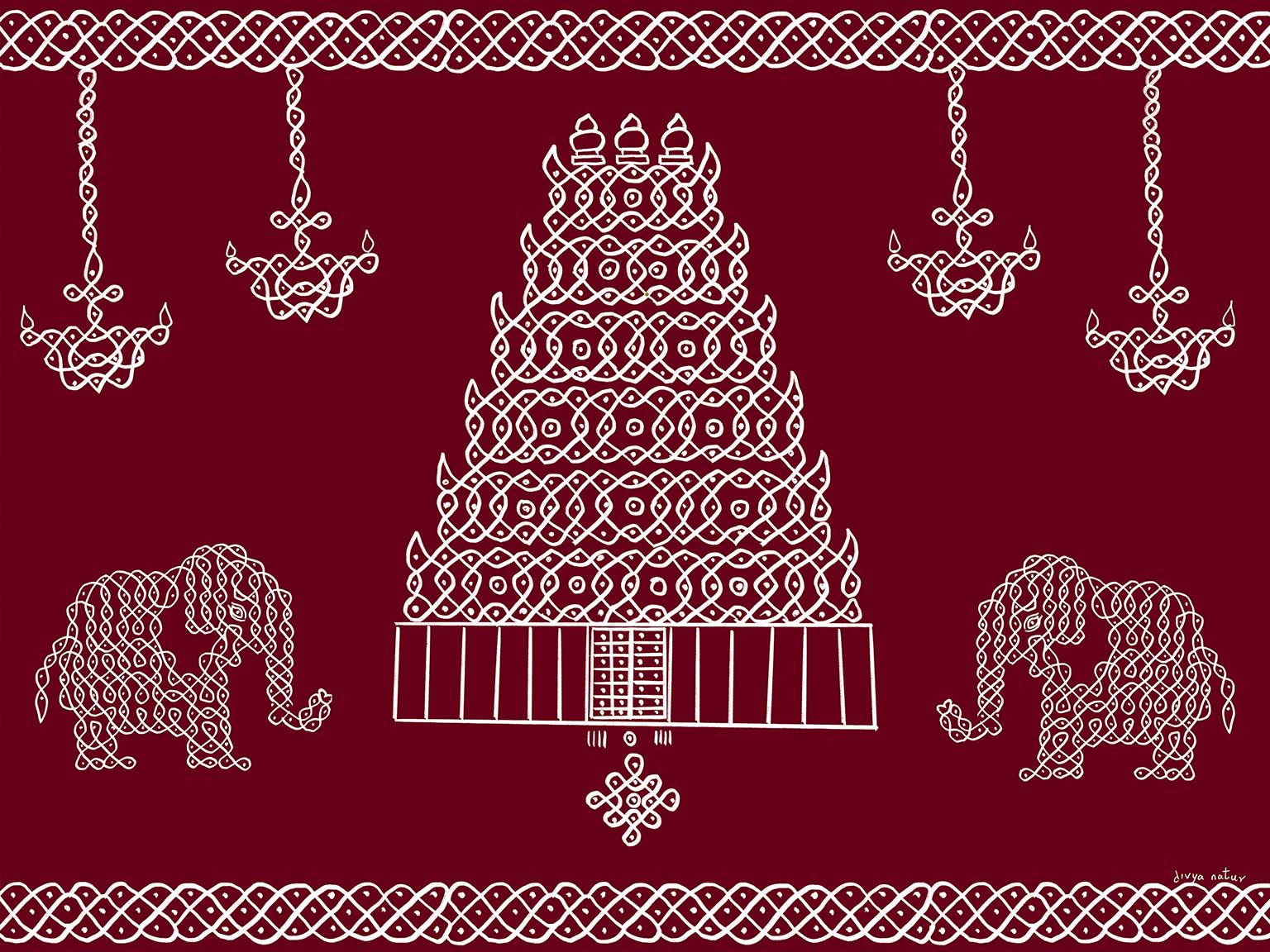 Premium wall art featuring South Indian kolam temple gopuram and elephant motifs