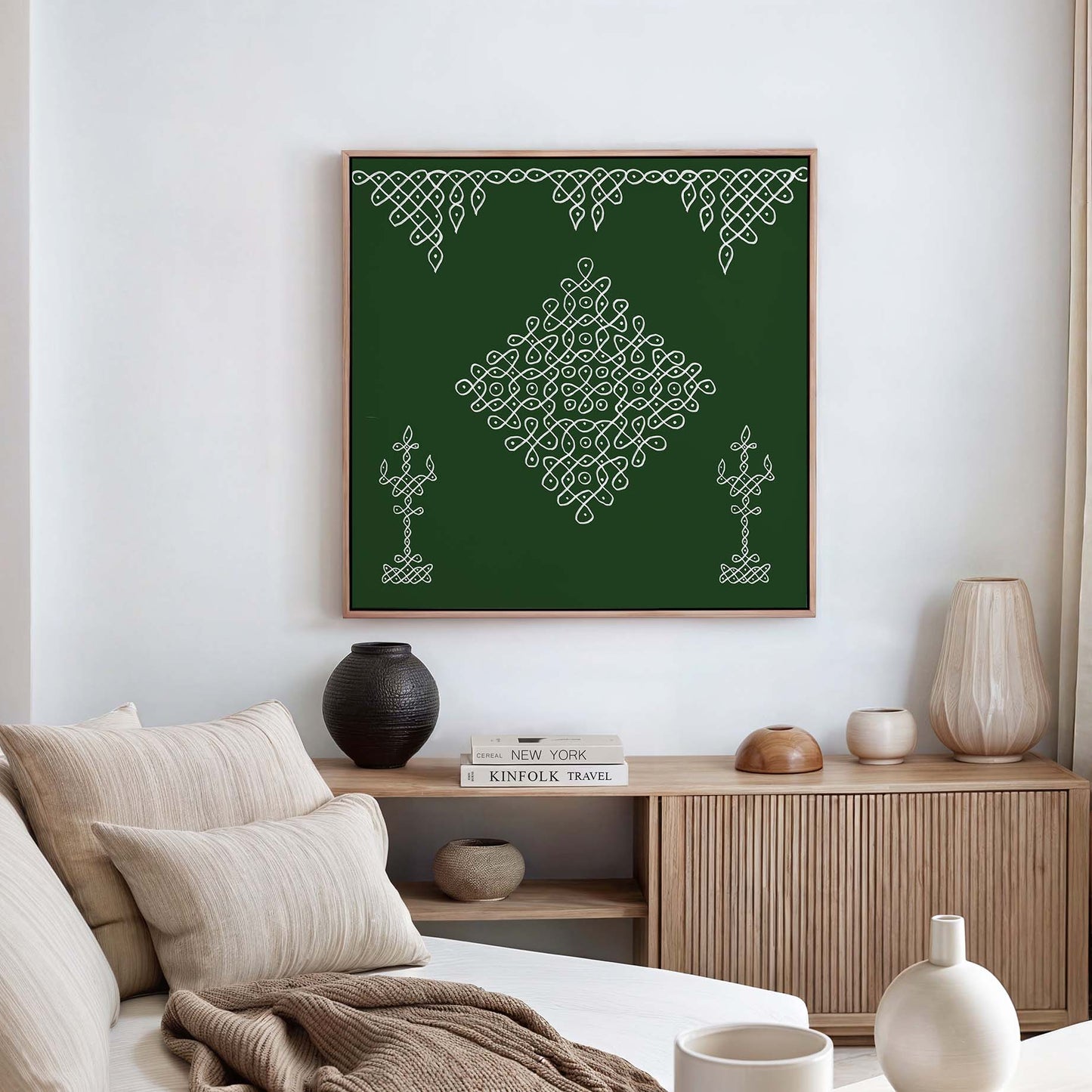 South Indian rangoli inspired kolam artwork with decorative borders