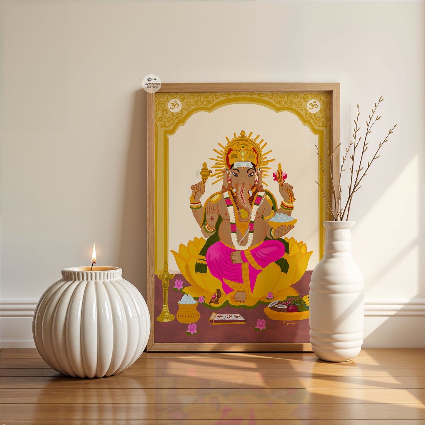 Ganesha artwork on lotus, ideal for Indian festival or wedding gifting