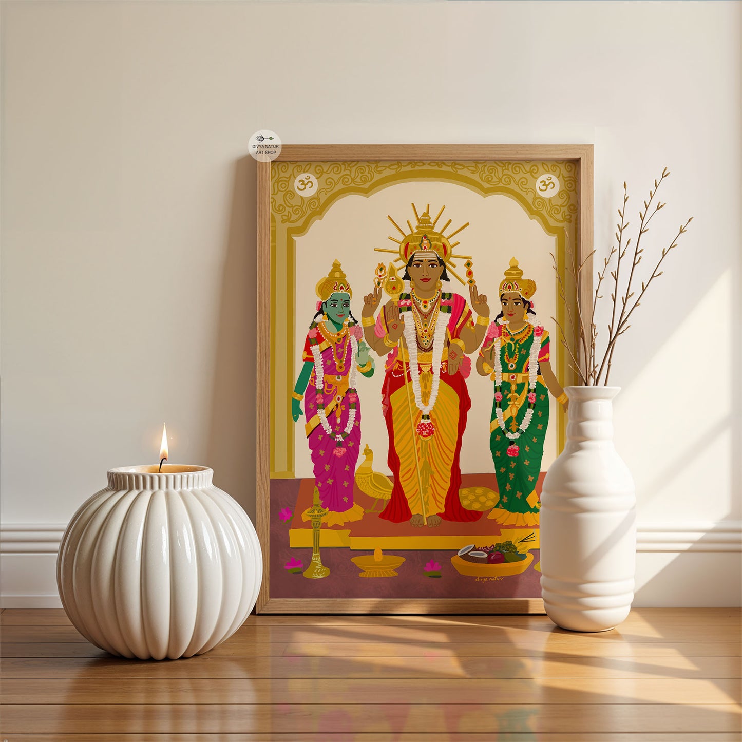 Premium Murugan artwork with pooja elements for festive spiritual décor