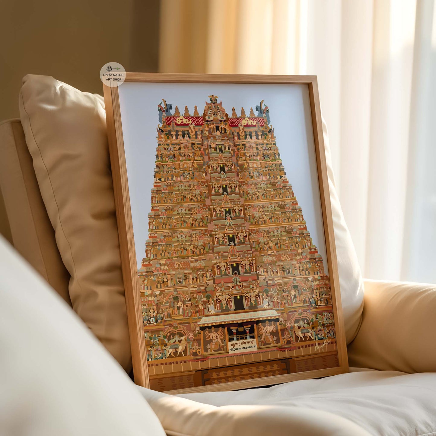 Traditional Indian temple tower wall art inspired by Madurai Meenakshi Temple on a couch