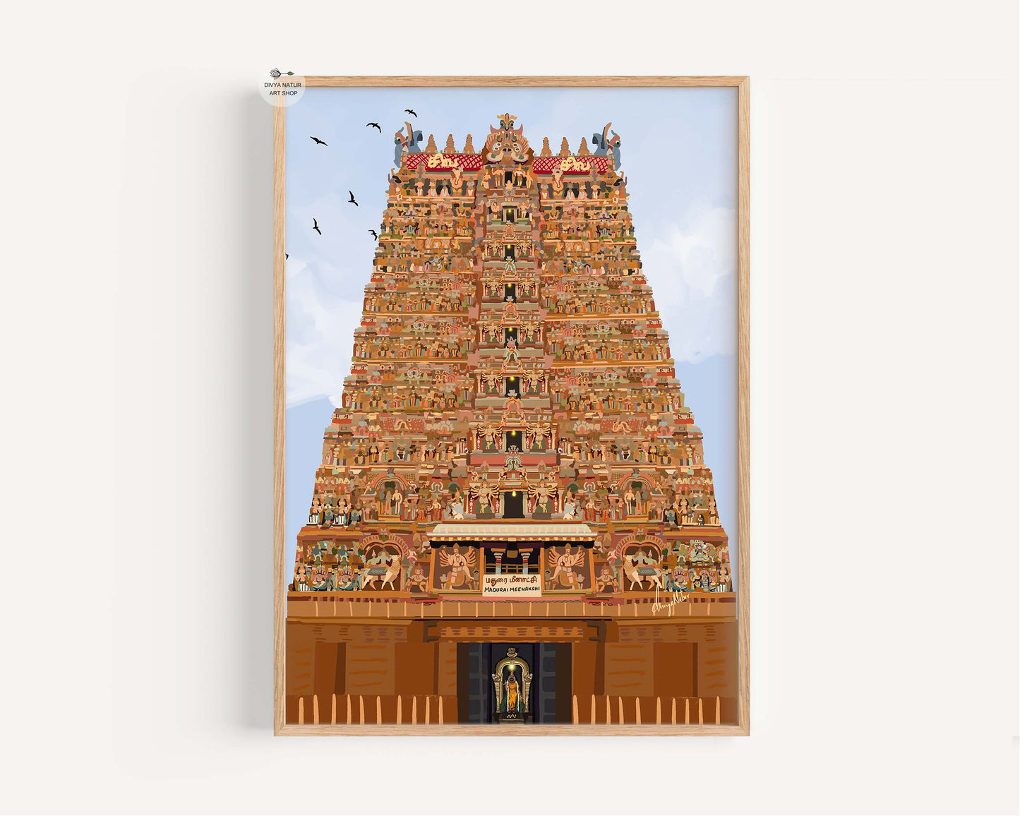 Architectural and devotional artwork of the Madurai Meenakshi Temple, showing the temple tower carvings and the goddess in the sanctum.