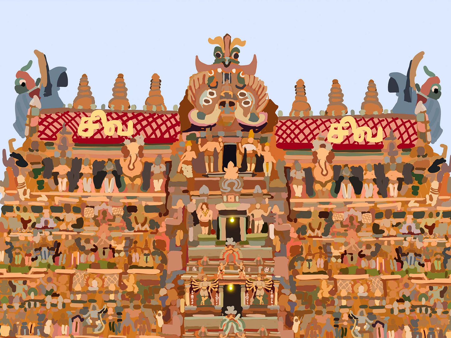 Illustration of Madurai temple with intricate details and people around it.