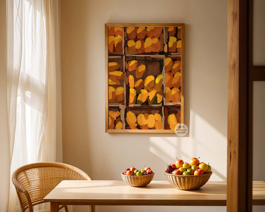 Warm earthy tropical fruit wall art inspired by Indian summer mango market scenes