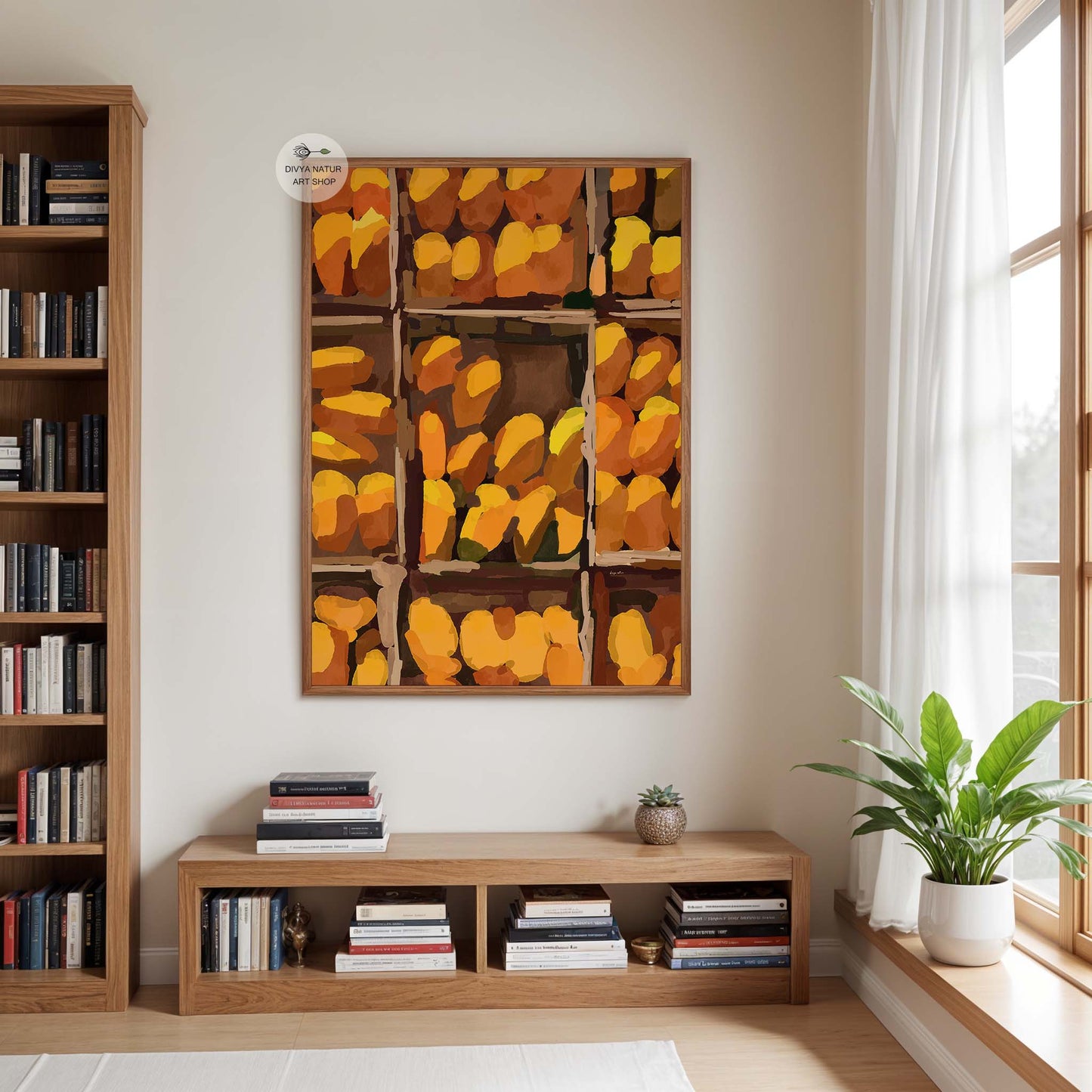 Warm neutral tropical fine art print with abundant ripe mango arrangement details