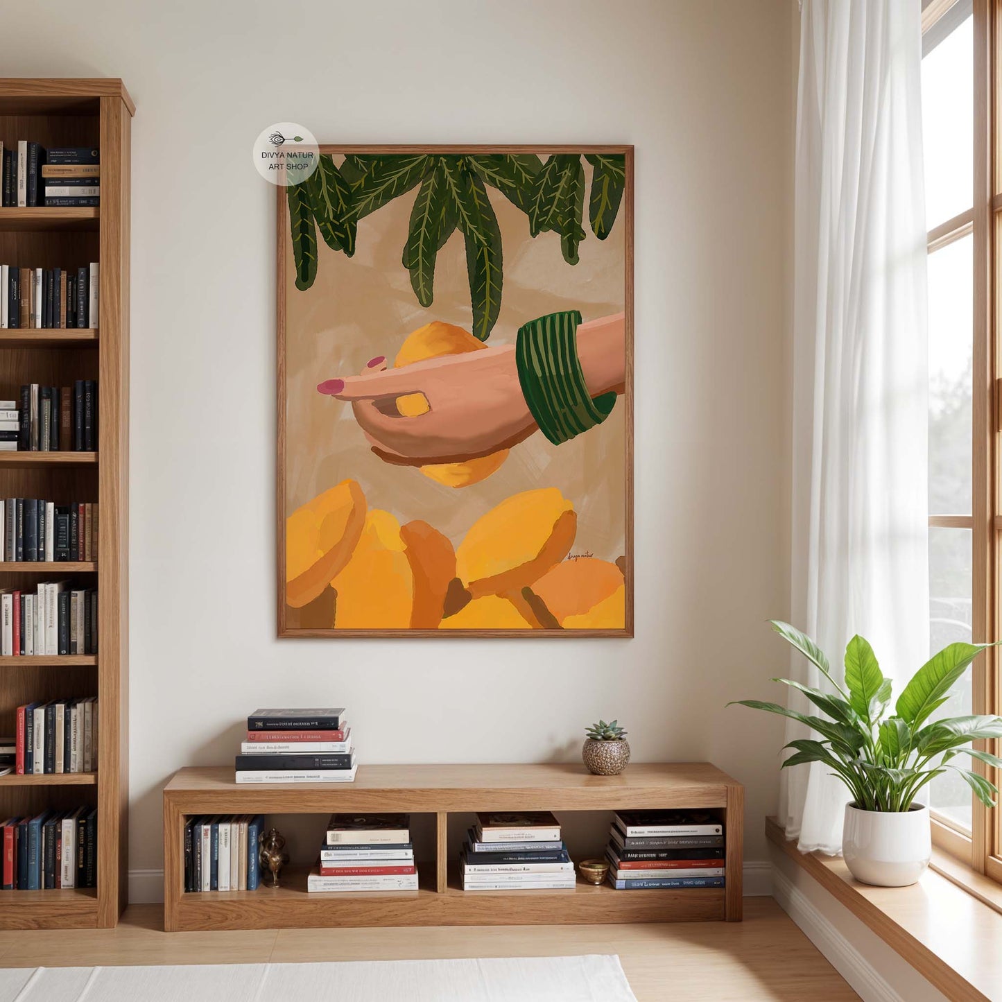Elegant mango themed wall decor with earthy beige background and hanging green leaves