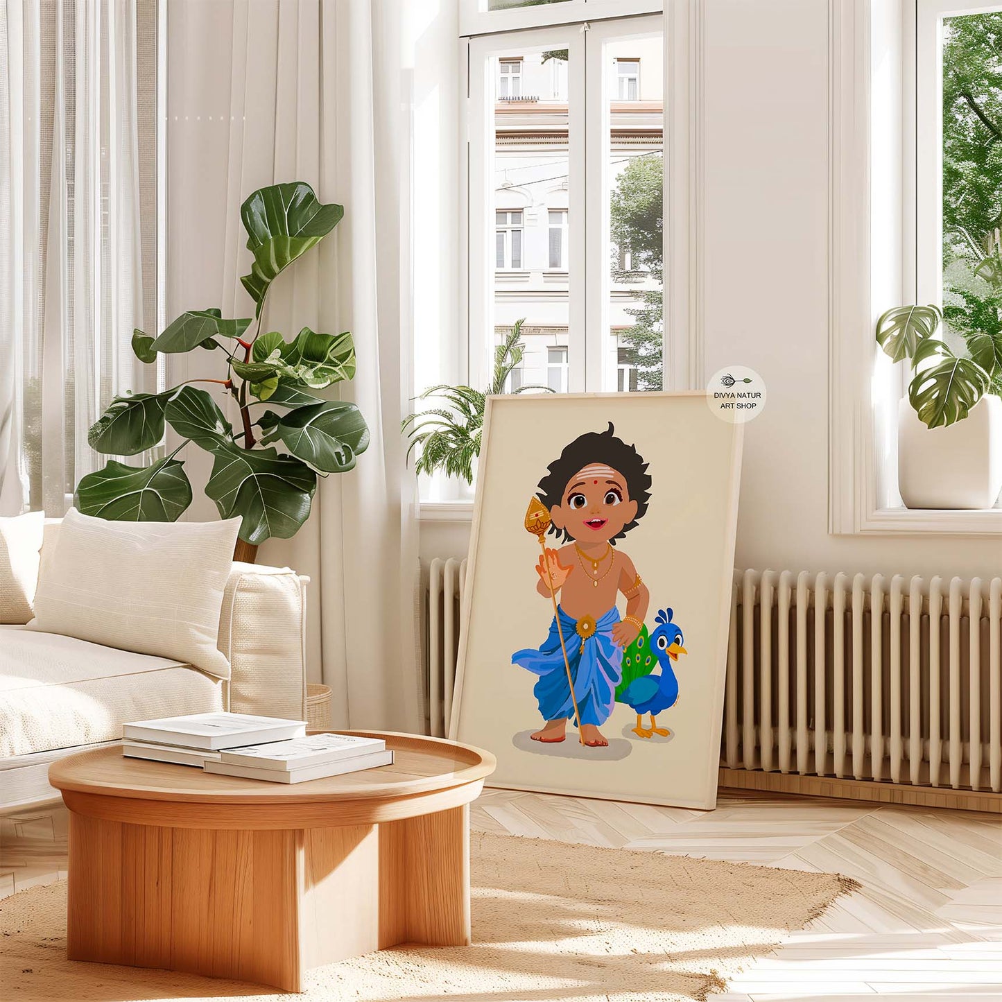 Cute Baby Kartikeya illustration for nursery wall decor and Indian spiritual home accents