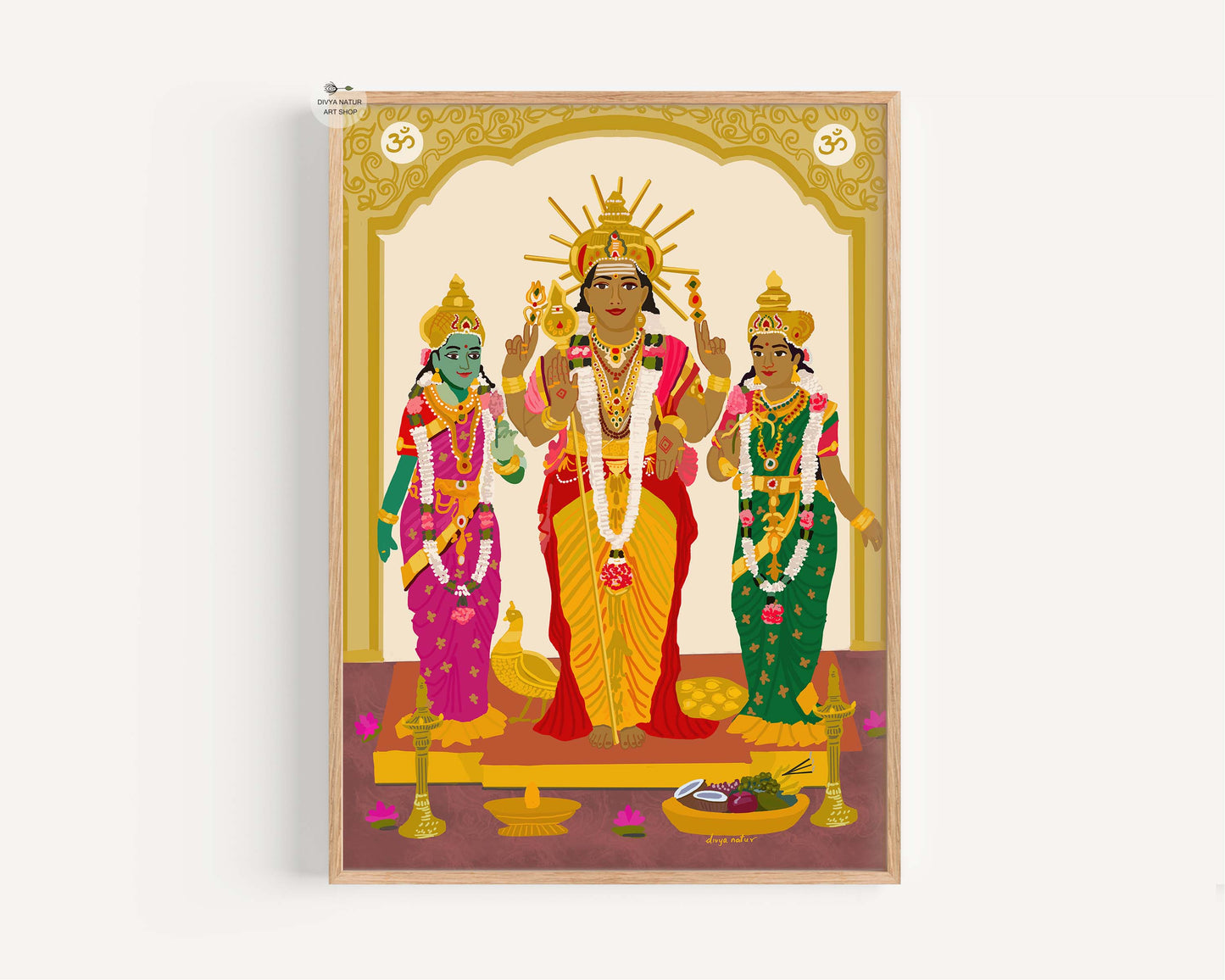 Hindu god Murugan artwork adorned in silk attire and golden ornaments