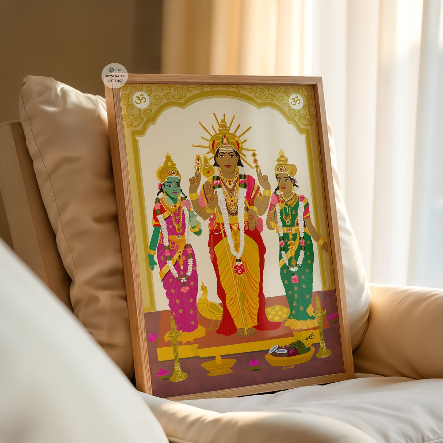 Murugan fine art print standing gracefully with consorts in rich detail