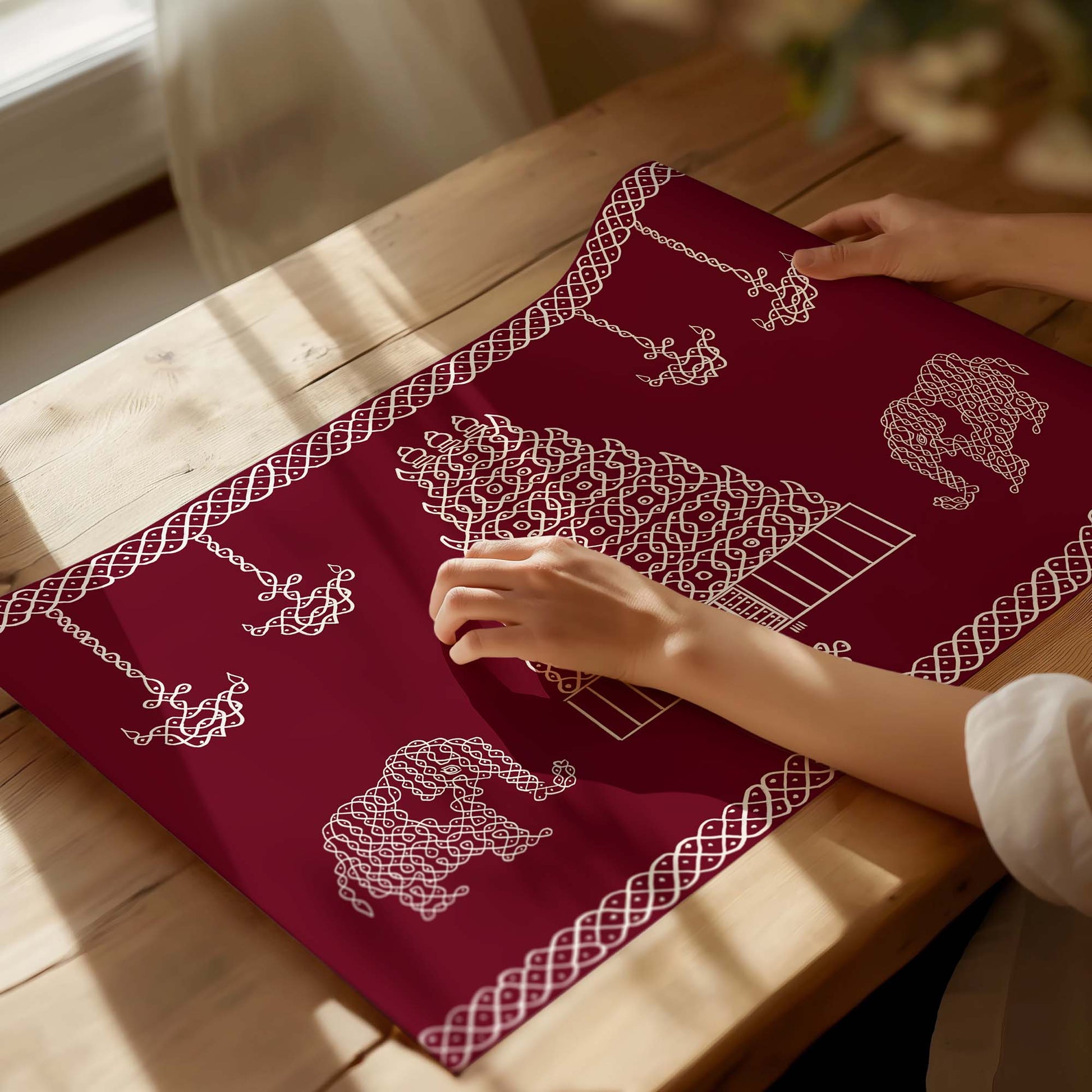 Kolam inspired elephant and temple art print in cultural maroon background design