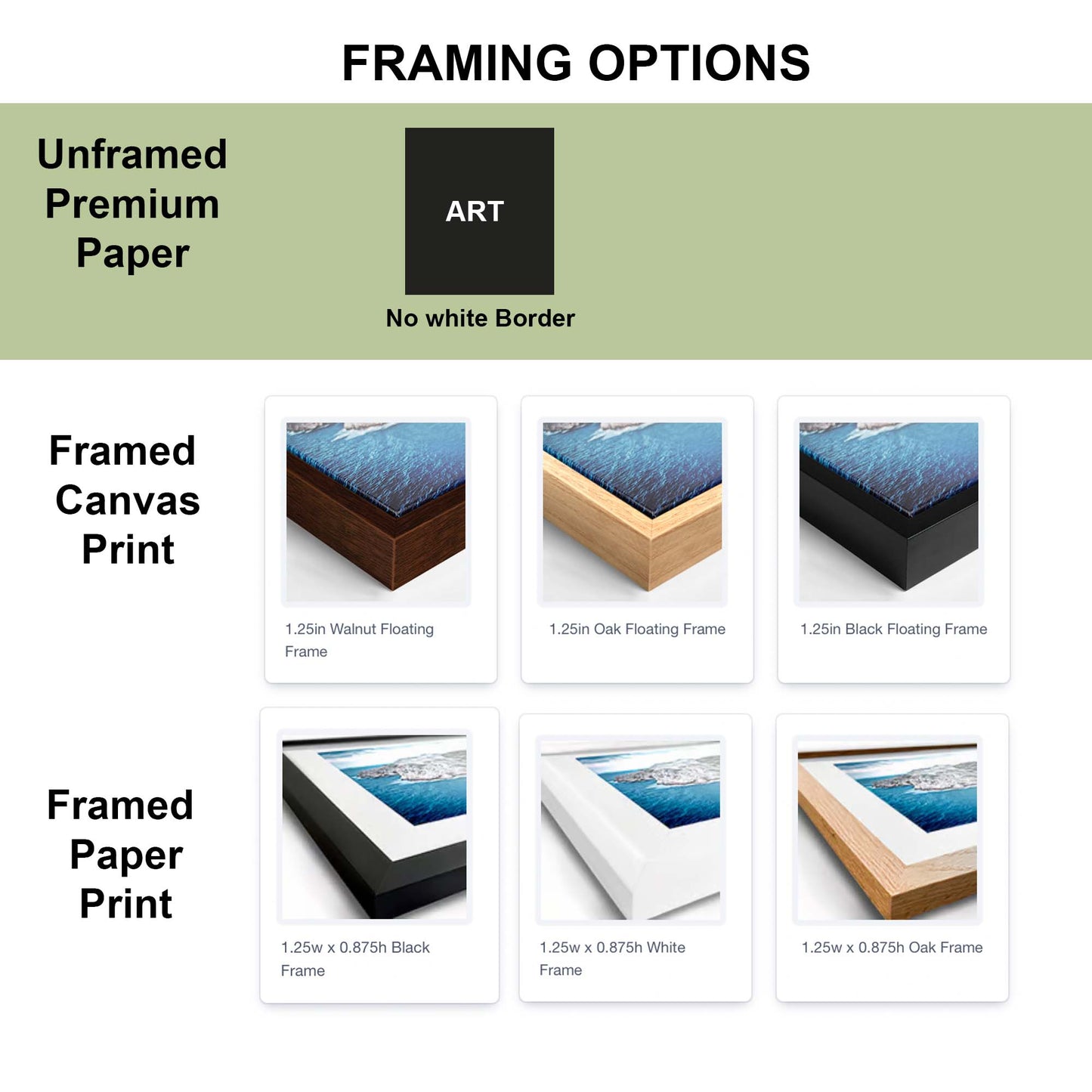 Framing options for art with different frame styles displayed.