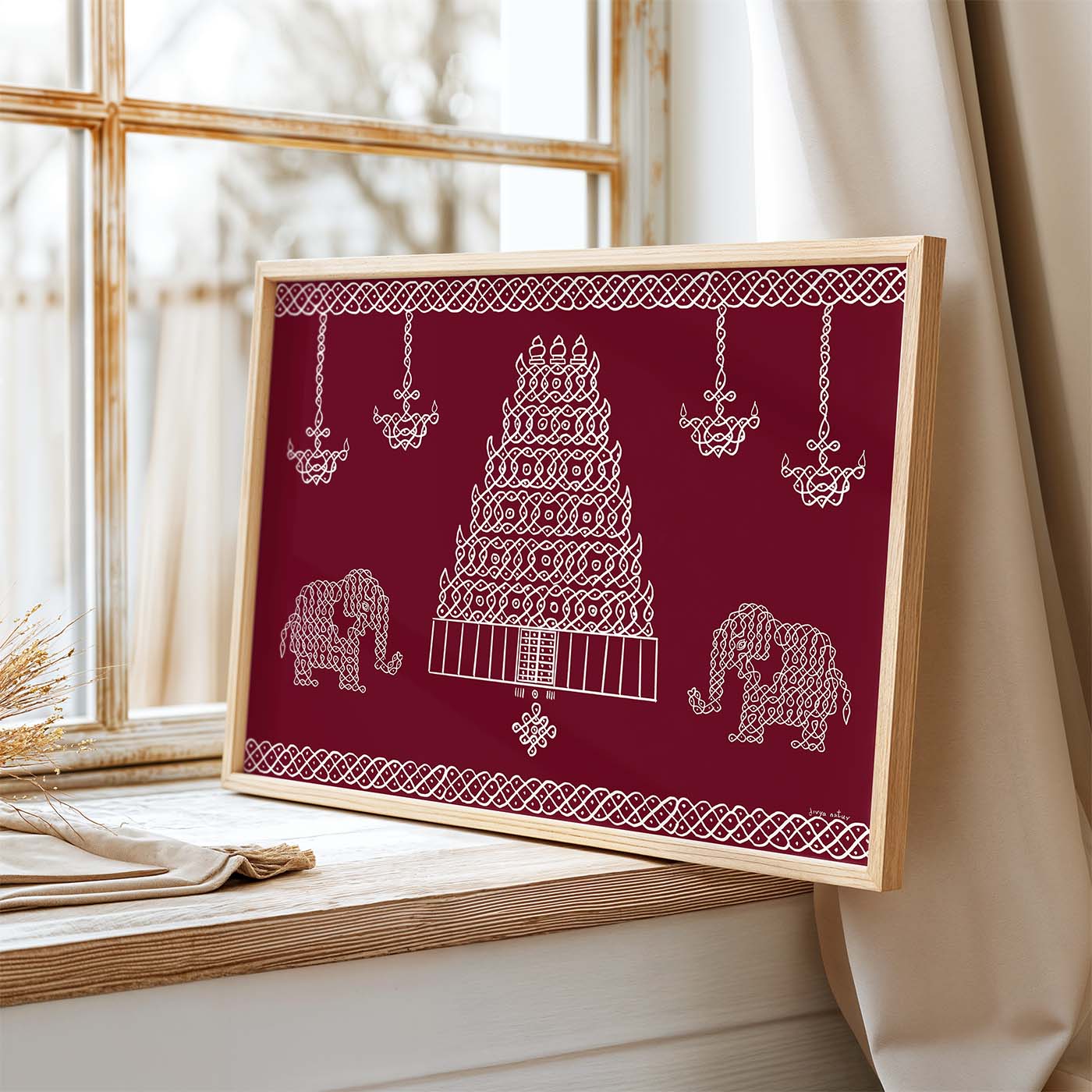 South Indian temple kolam art print with elephants and ornate border patterns
