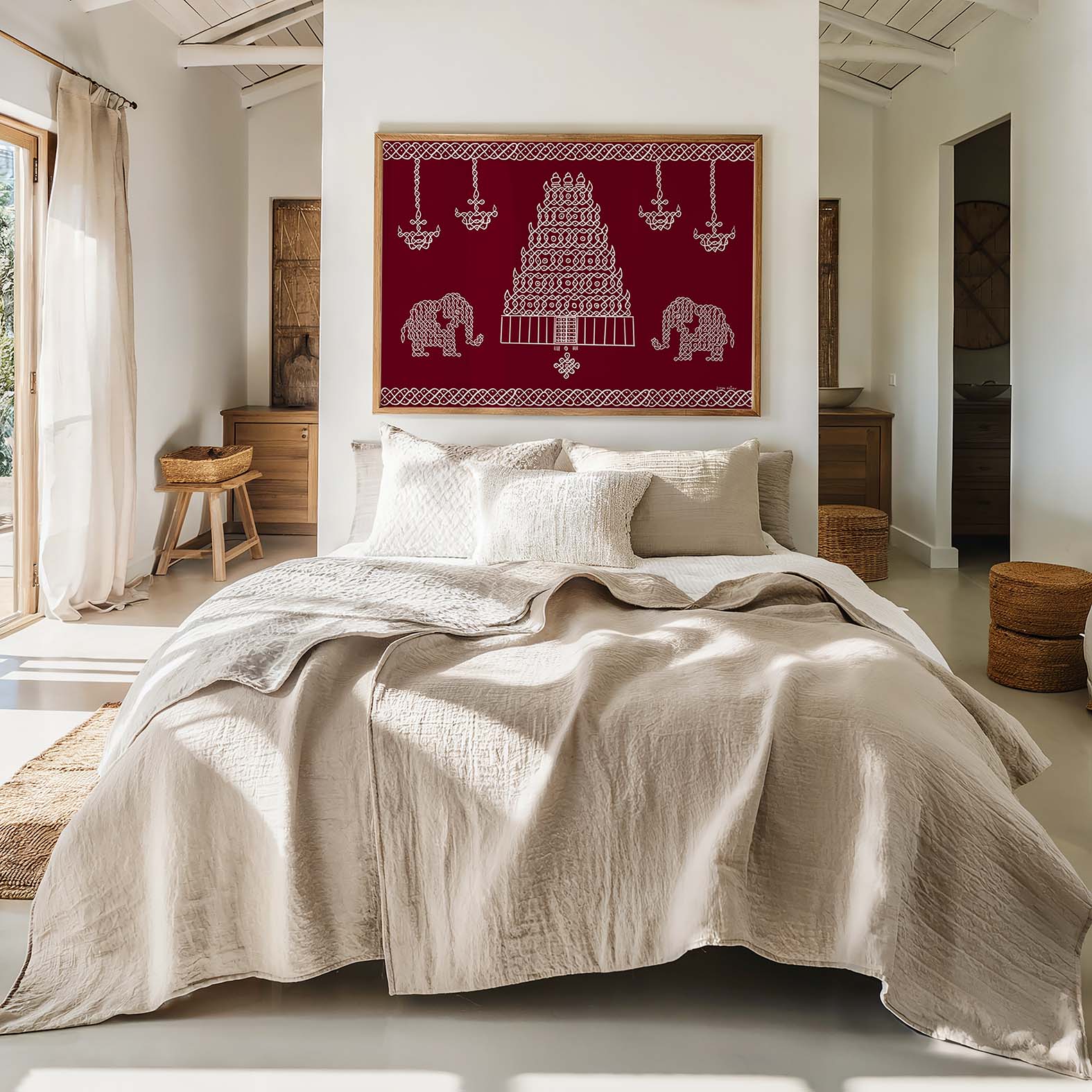 Fine art print of temple and elephants in traditional kolam folk art style