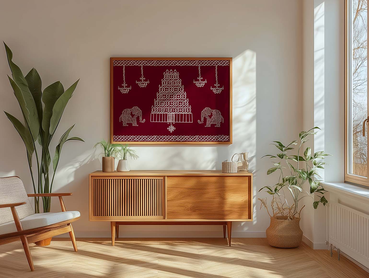 Heritage wall art with kolam temple design elephants and hanging lamp motifs