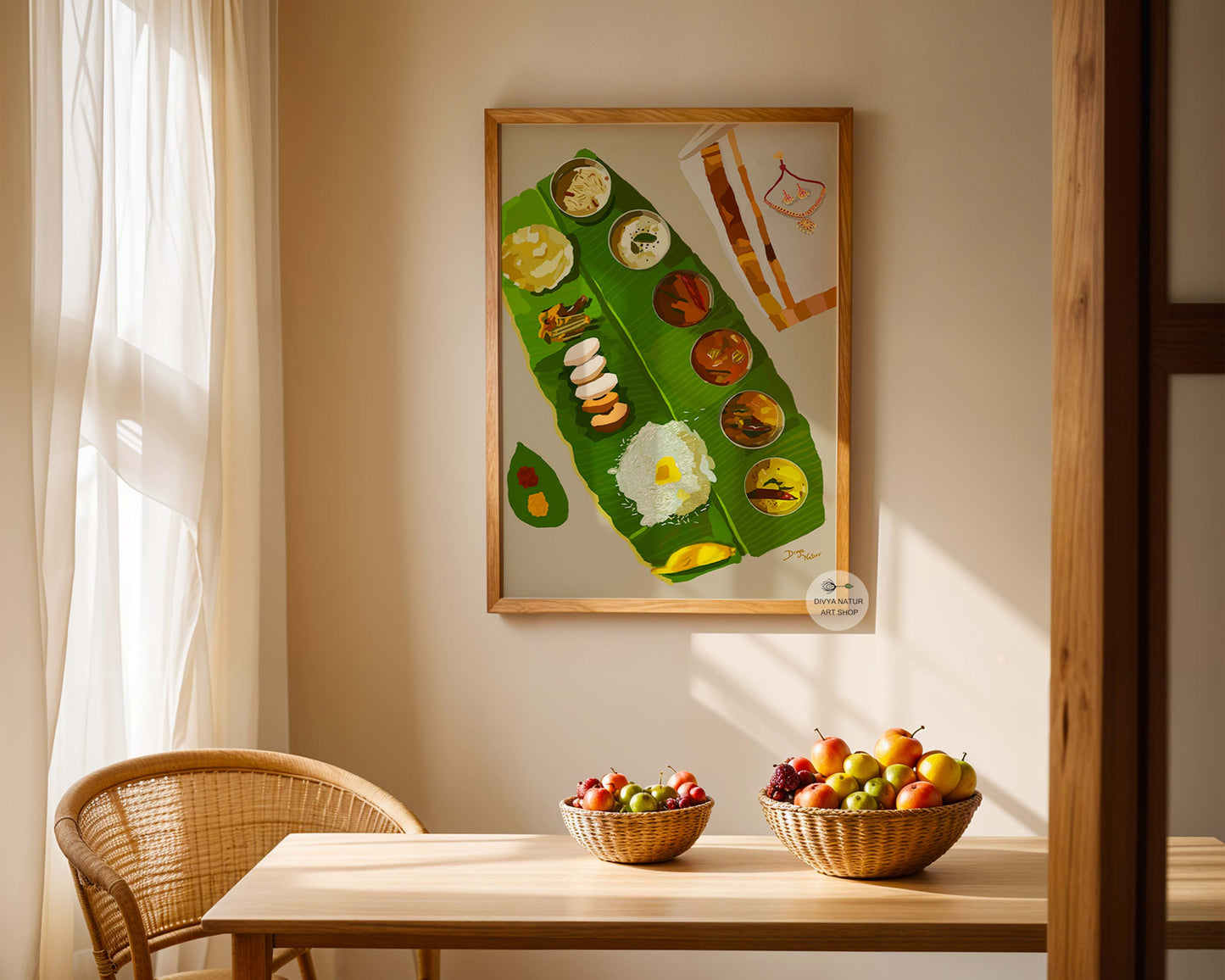 Painting of Kerala's traditional meal for Onam festival decor.