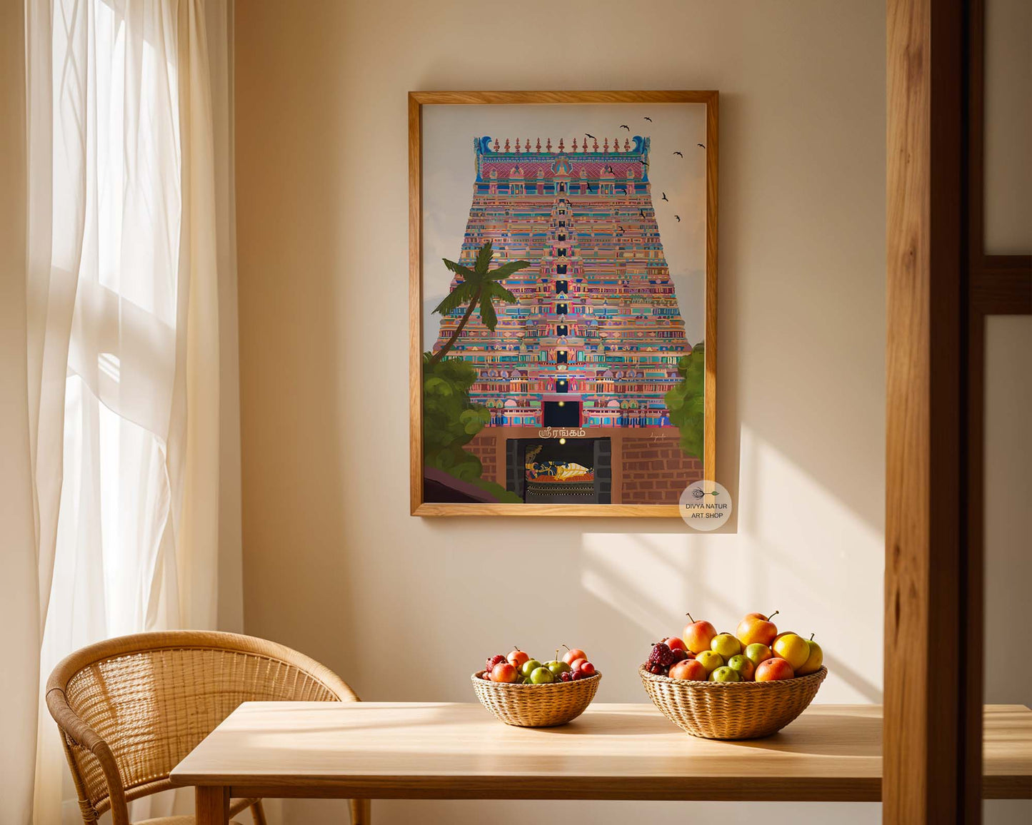 Sacred Indian temple print with Srirangam gopuram and Sri Ranganathar resting in the sanctum