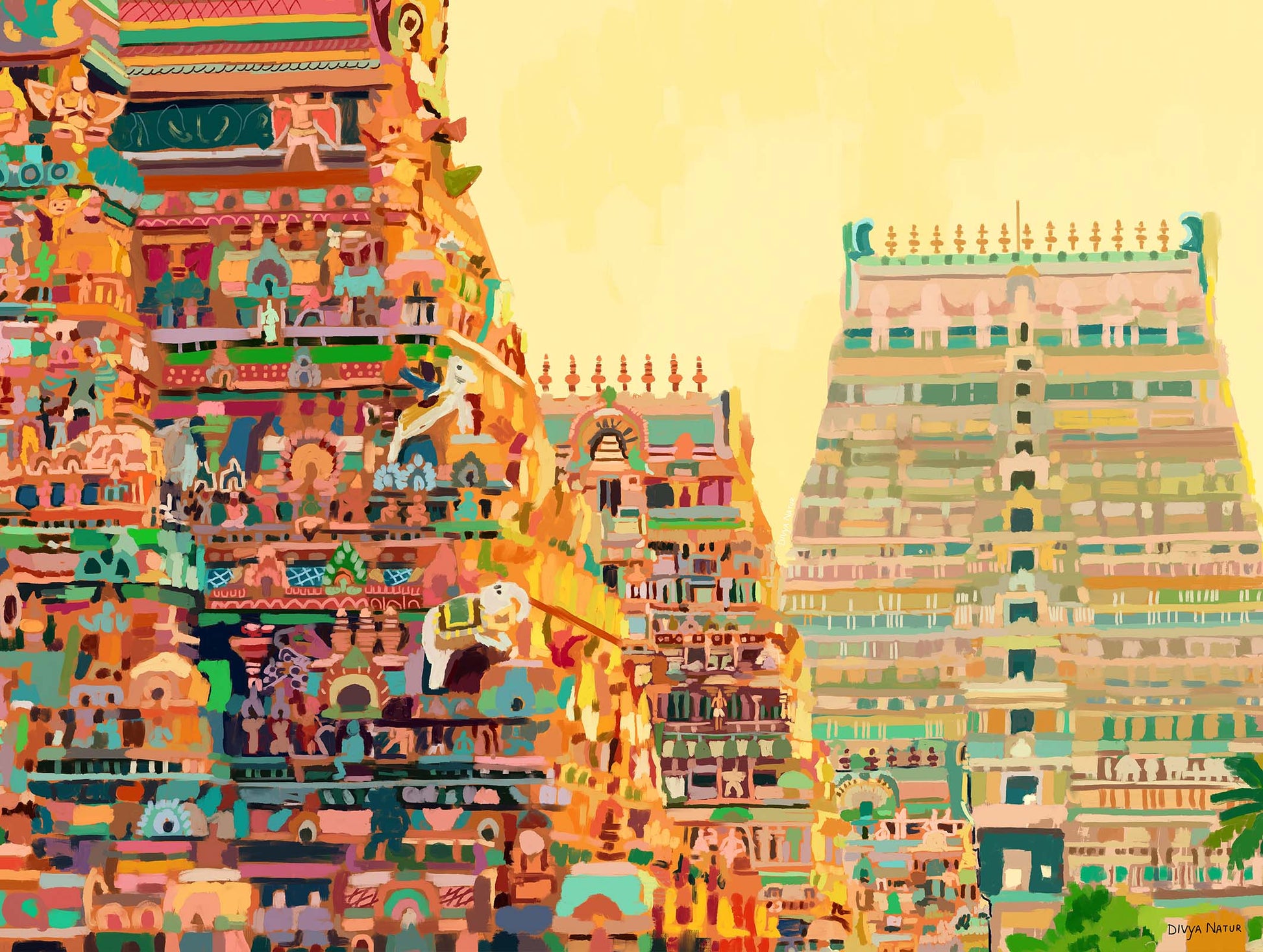 Cultural heritage painting of a historic Tamil Nadu Srirangam temple.