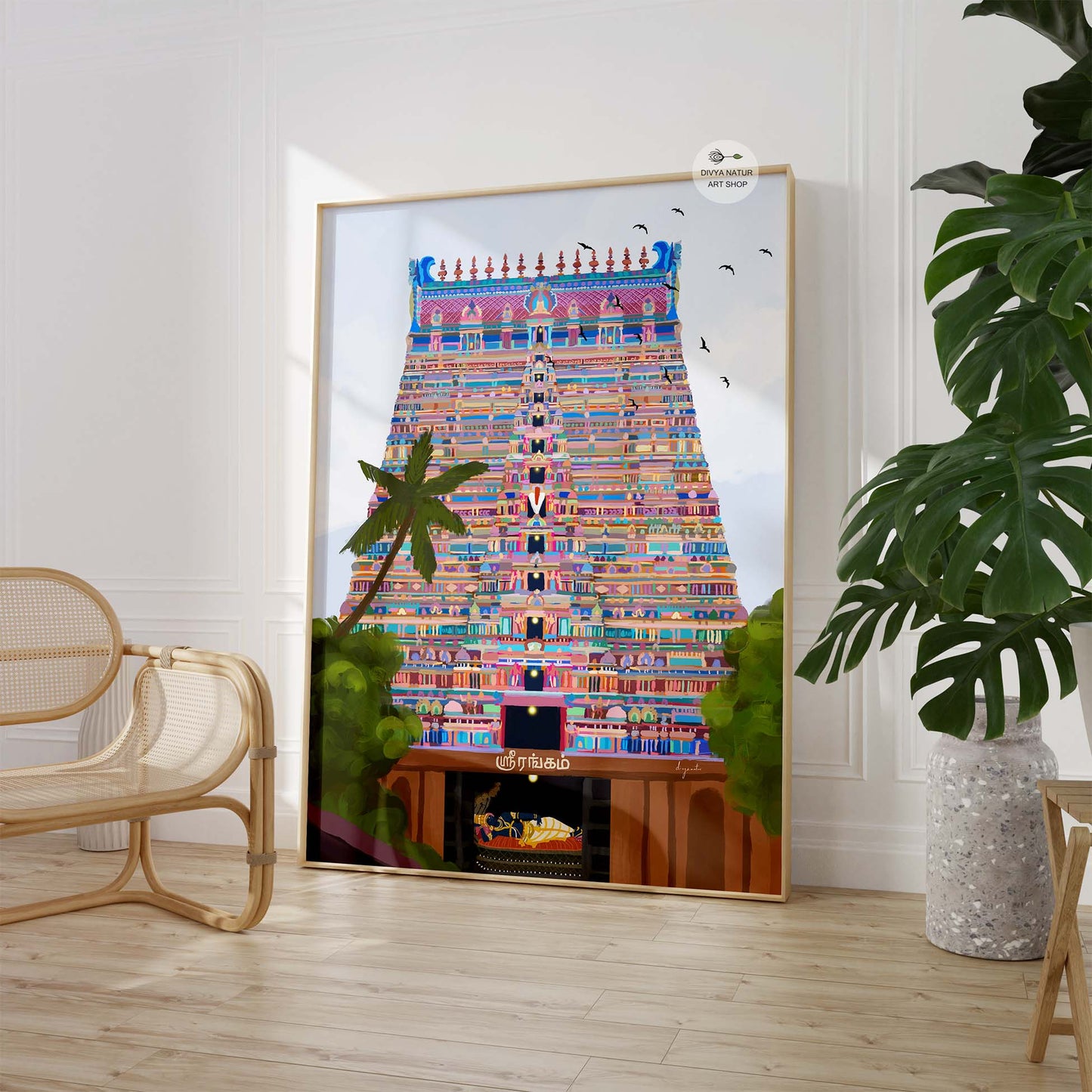 Devotional Srirangam wall art showing iconic gopuram and Lord Ranganathar below